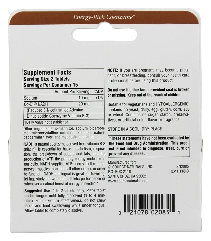 Source Naturals NADH pastilles menthe, étiquette montrant les ingrédients.