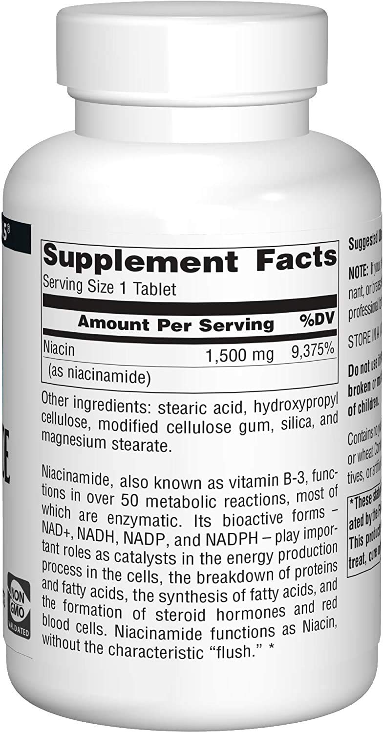 Source Naturals Niacinamide 1500 mg — comprimés: participation à des réactions énergétiques cellulaires
