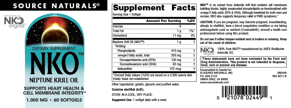 Source Naturals NKO Neptune Krill Oil — dosage quotidien recommandé, à prendre avec un repas