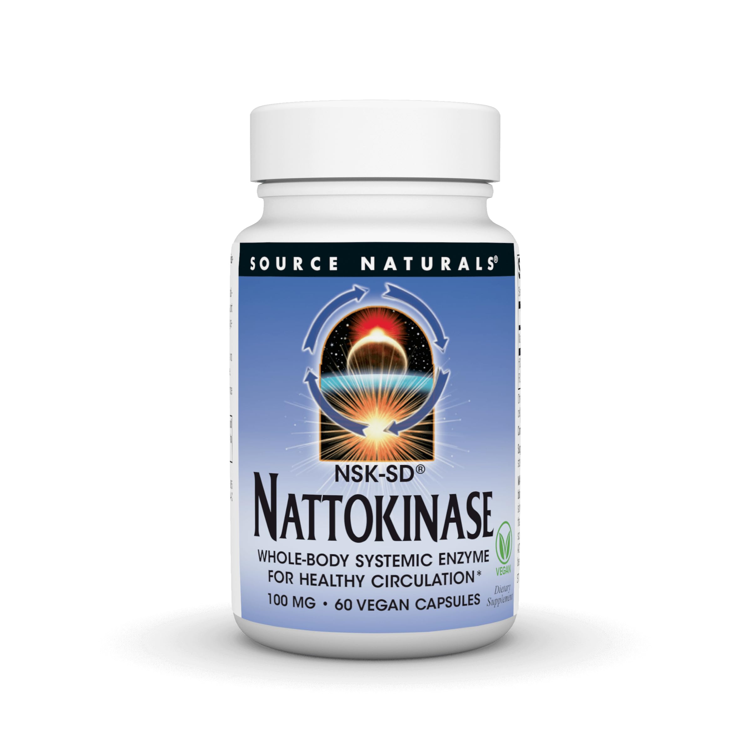 Source Naturals NSK-SD nattokinase – bouteille avec bouchon, soutien potentiel à la circulation.