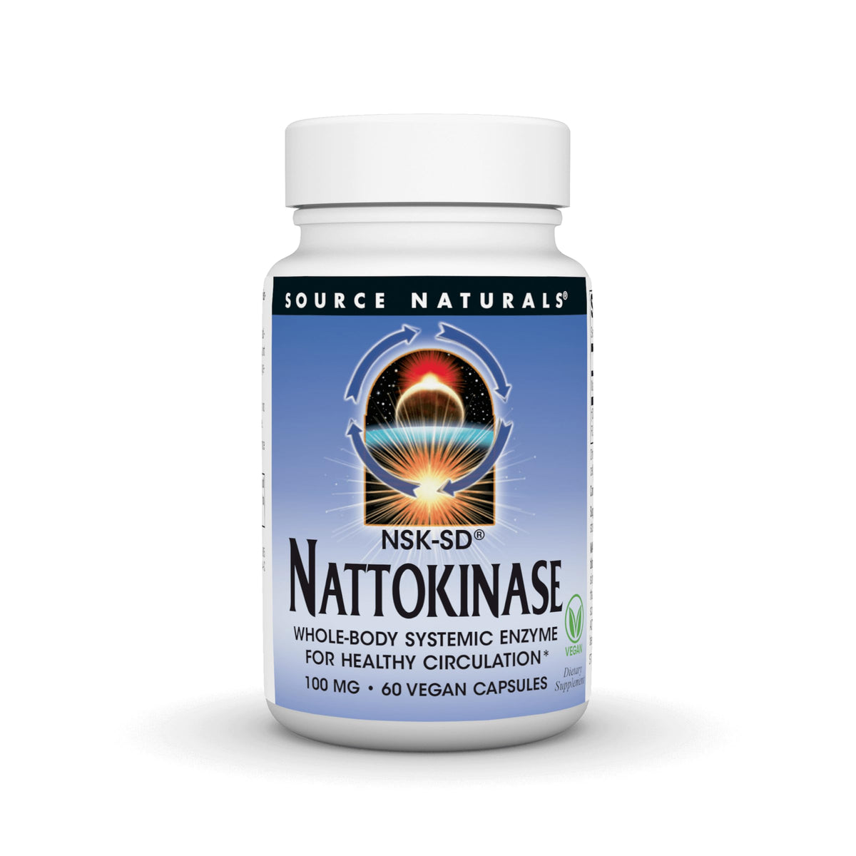 Source Naturals NSK-SD nattokinase – bouteille avec bouchon, soutien potentiel à la circulation.
