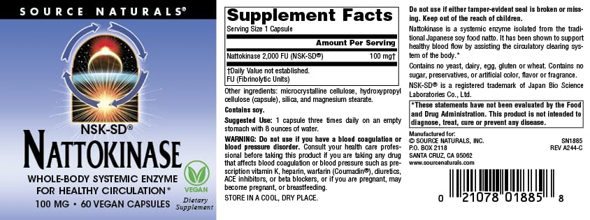 Source Naturals NSK-SD nattokinase – étiquette lisible et détails du produit.
