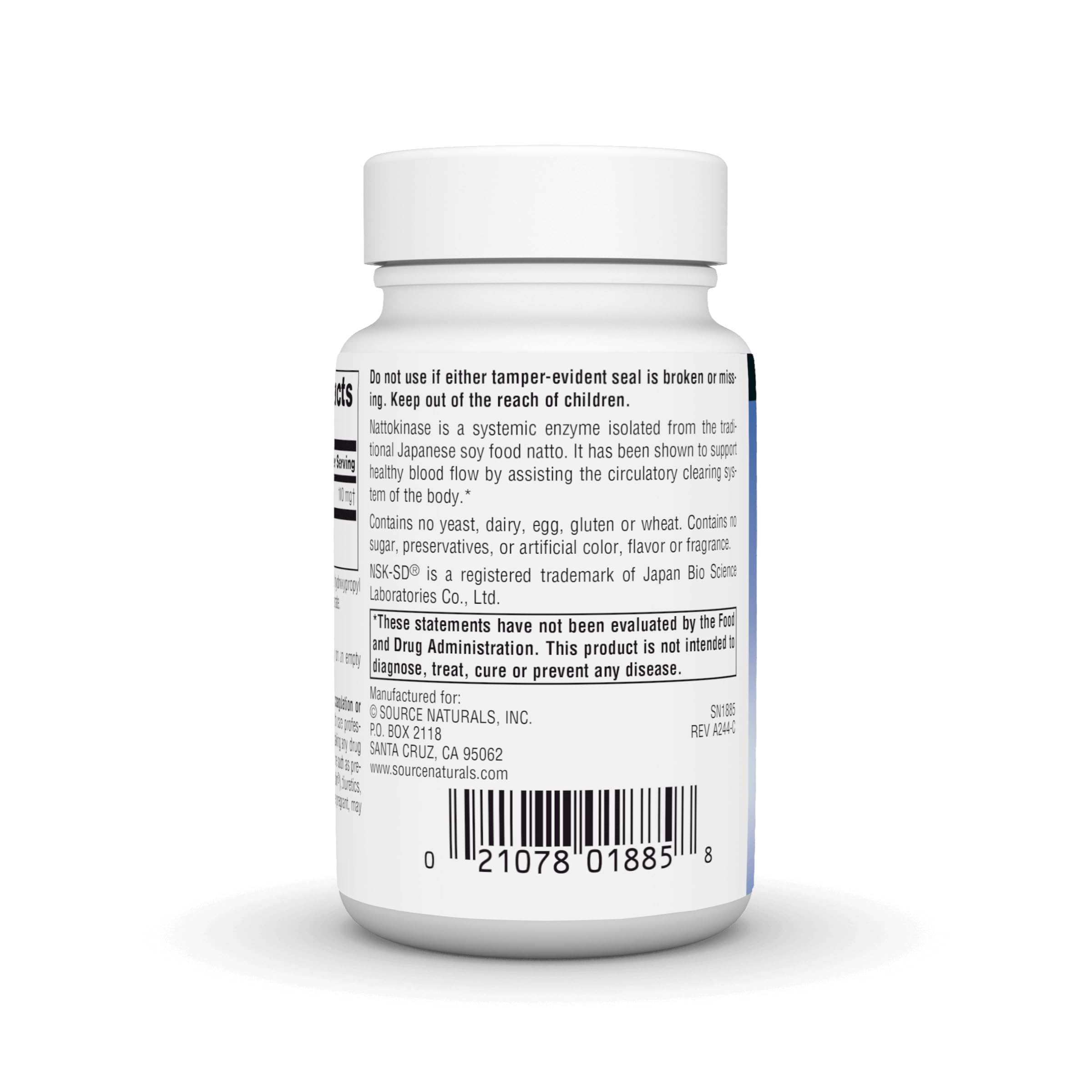 Source Naturals NSK-SD nattokinase – emballage clair avec informations produit.