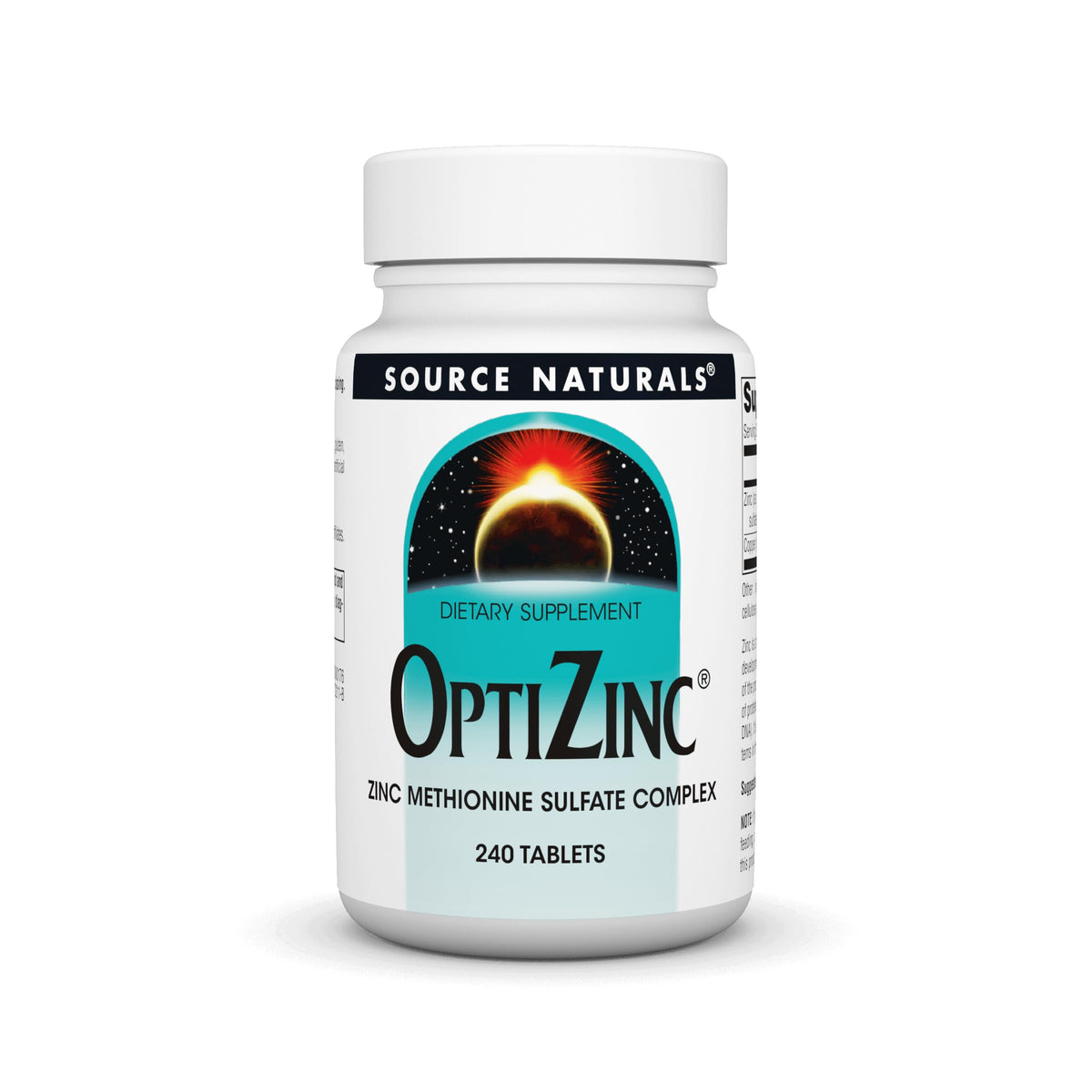 Source Naturals OptiZinc, bouteille de comprimés, soutien potentiel à l’absorption du zinc.