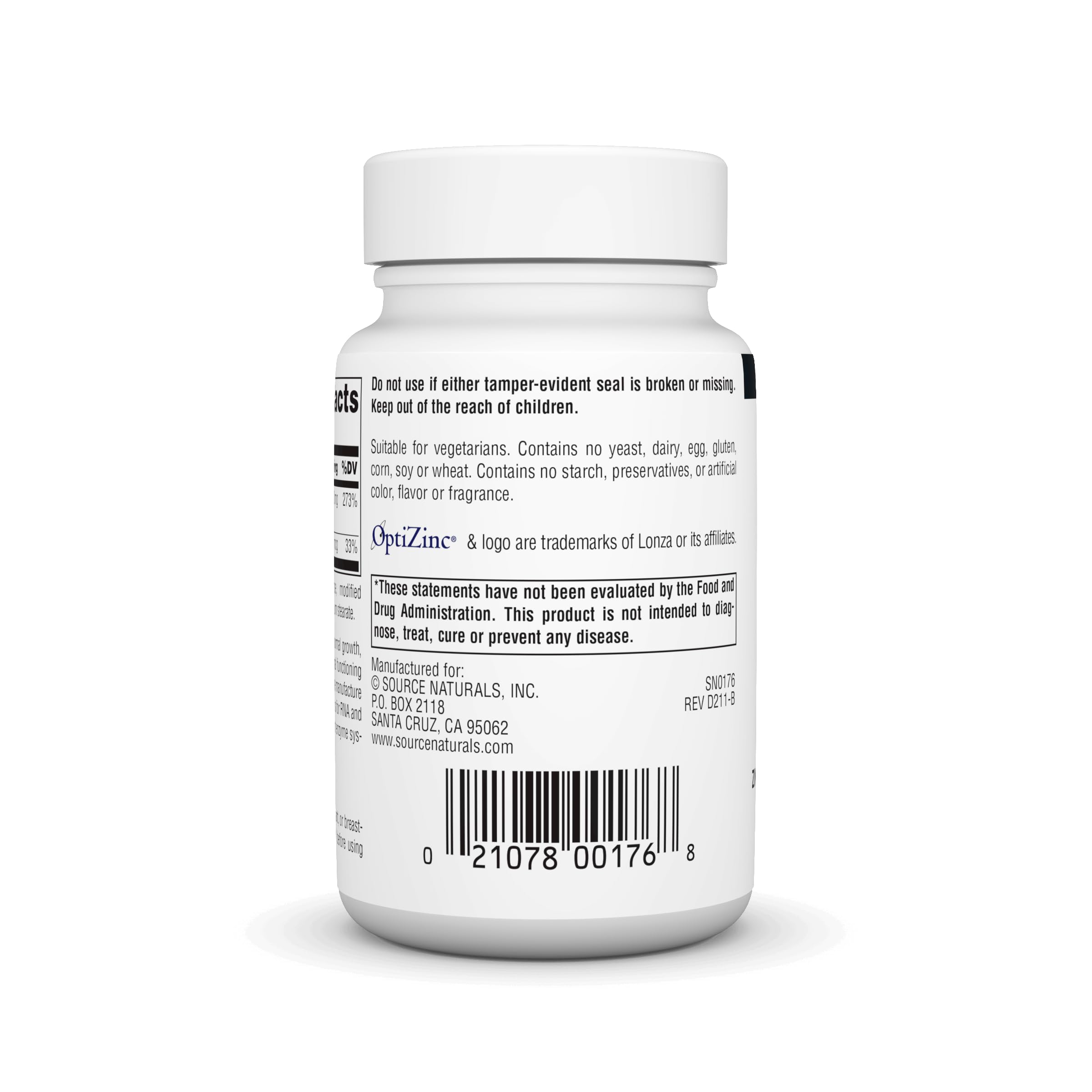 Étiquette lisible du produit OptiZinc Source Naturals, indiquant absence d’allergènes.