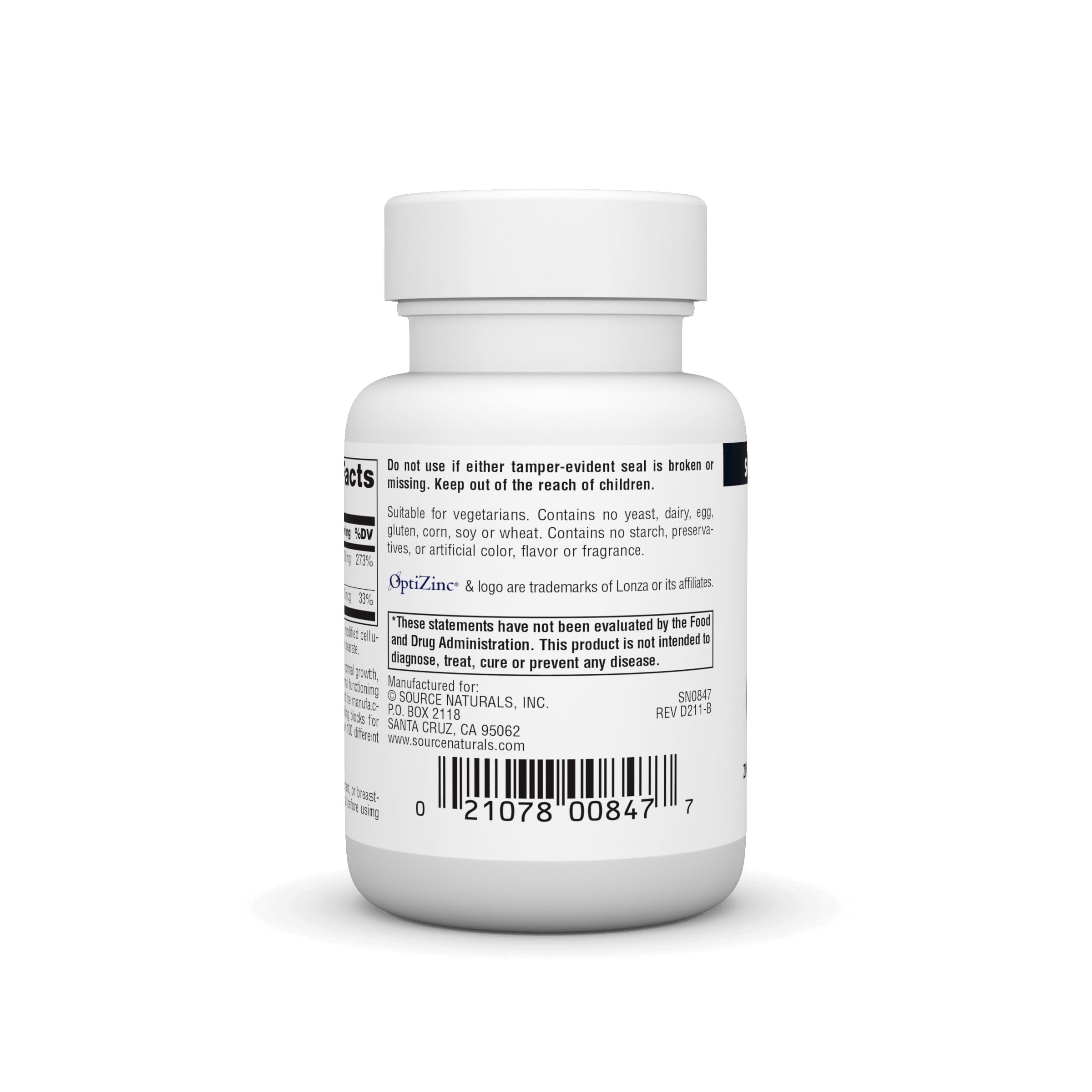 OptiZinc Source Naturals – ingrédients, zinc monométhionine pour meilleure biodisponibilité.