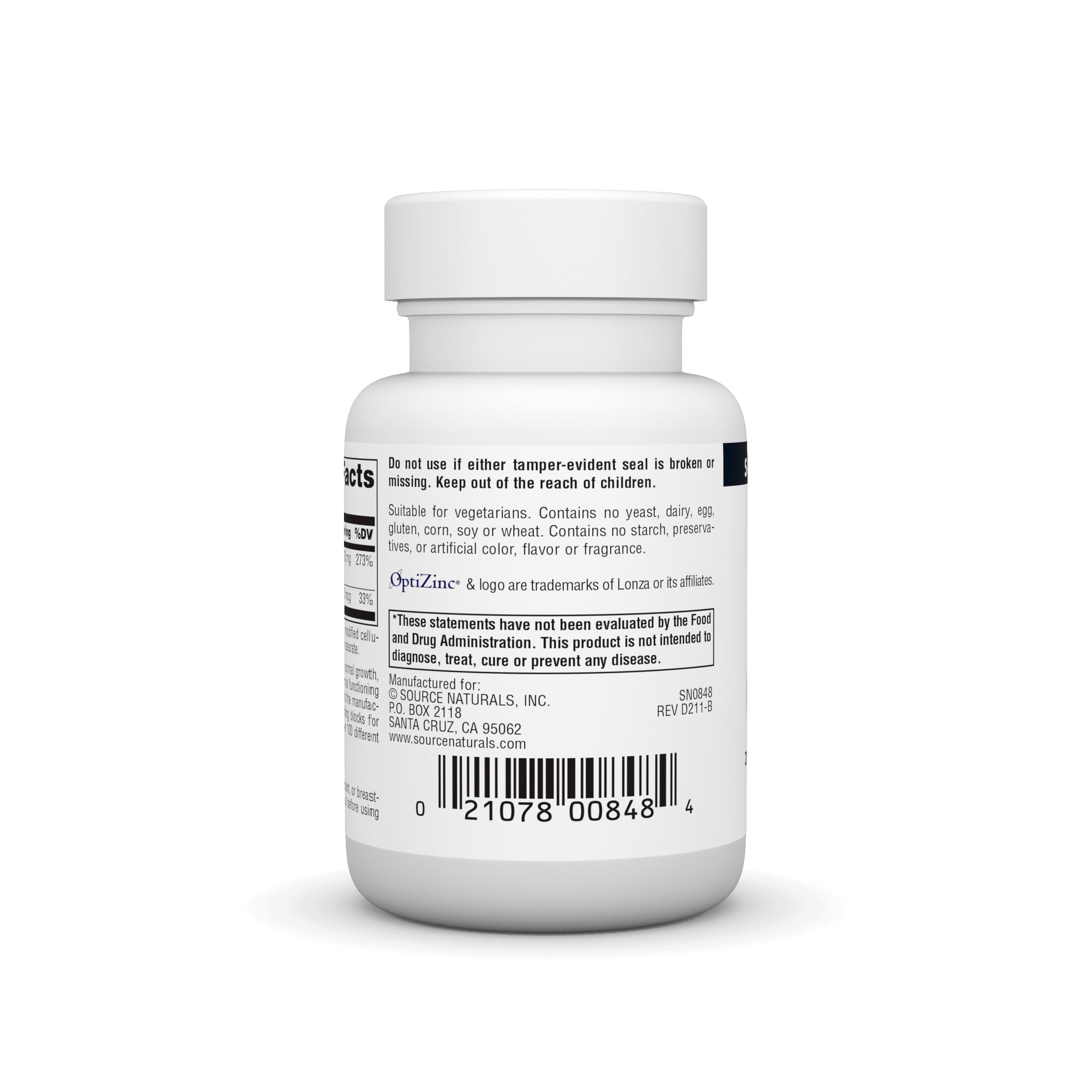 Source Naturals OptiZinc – sans allergènes, adapté à divers régimes.