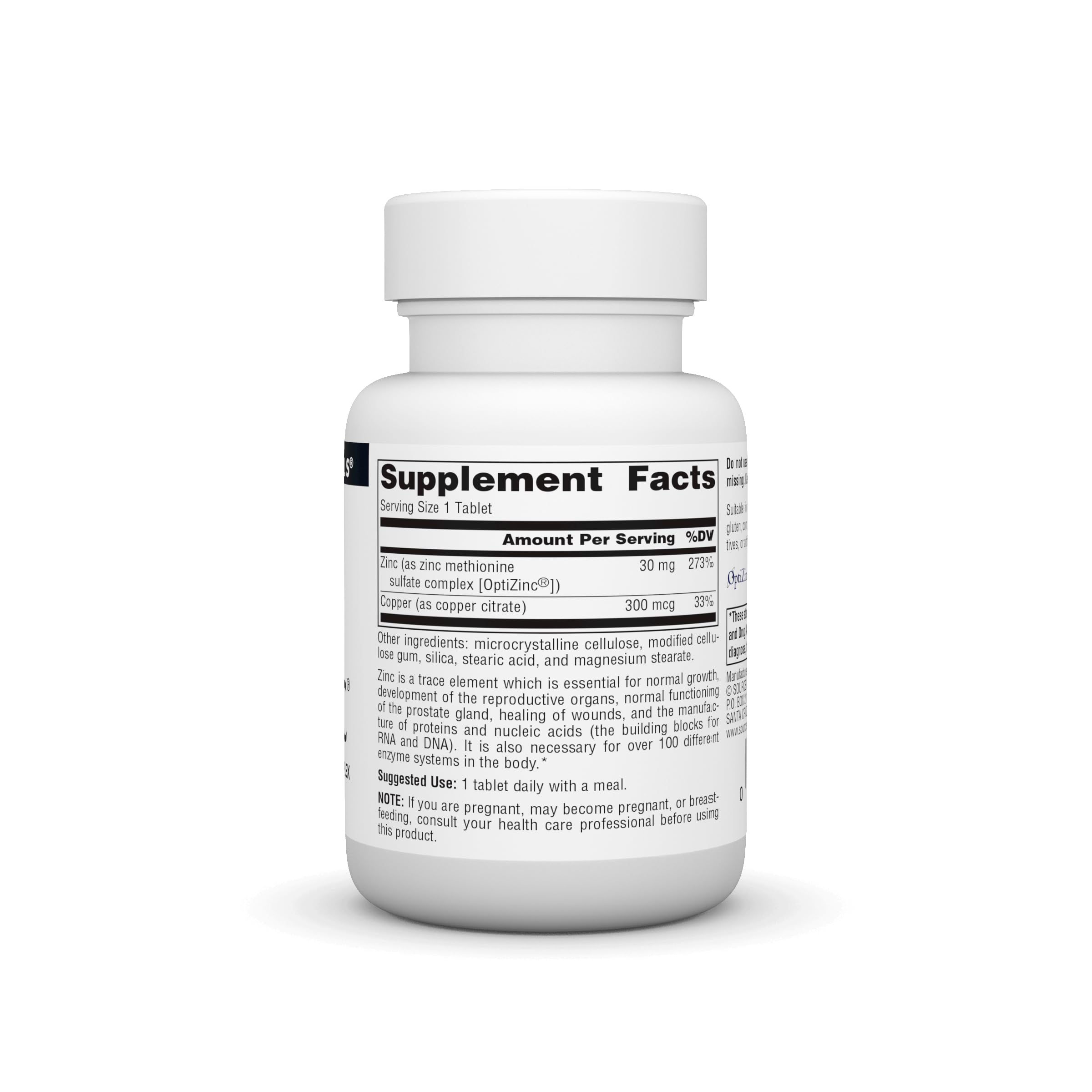 OptiZinc Source Naturals – tablettes visibles, ingestion pratique.