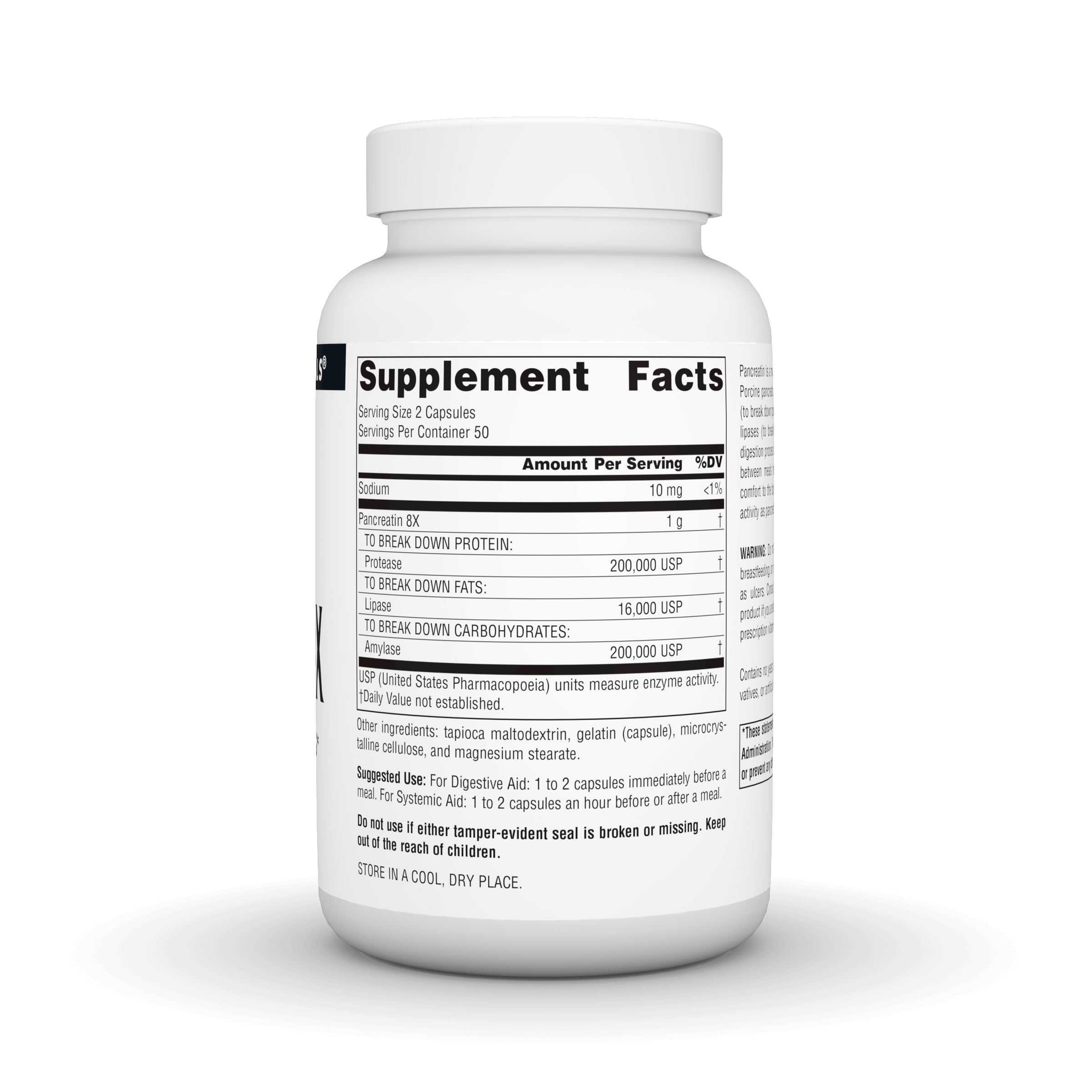 Source Naturals Pancreatin 8X étiquette sans levure, sans gluten et sans allergènes.