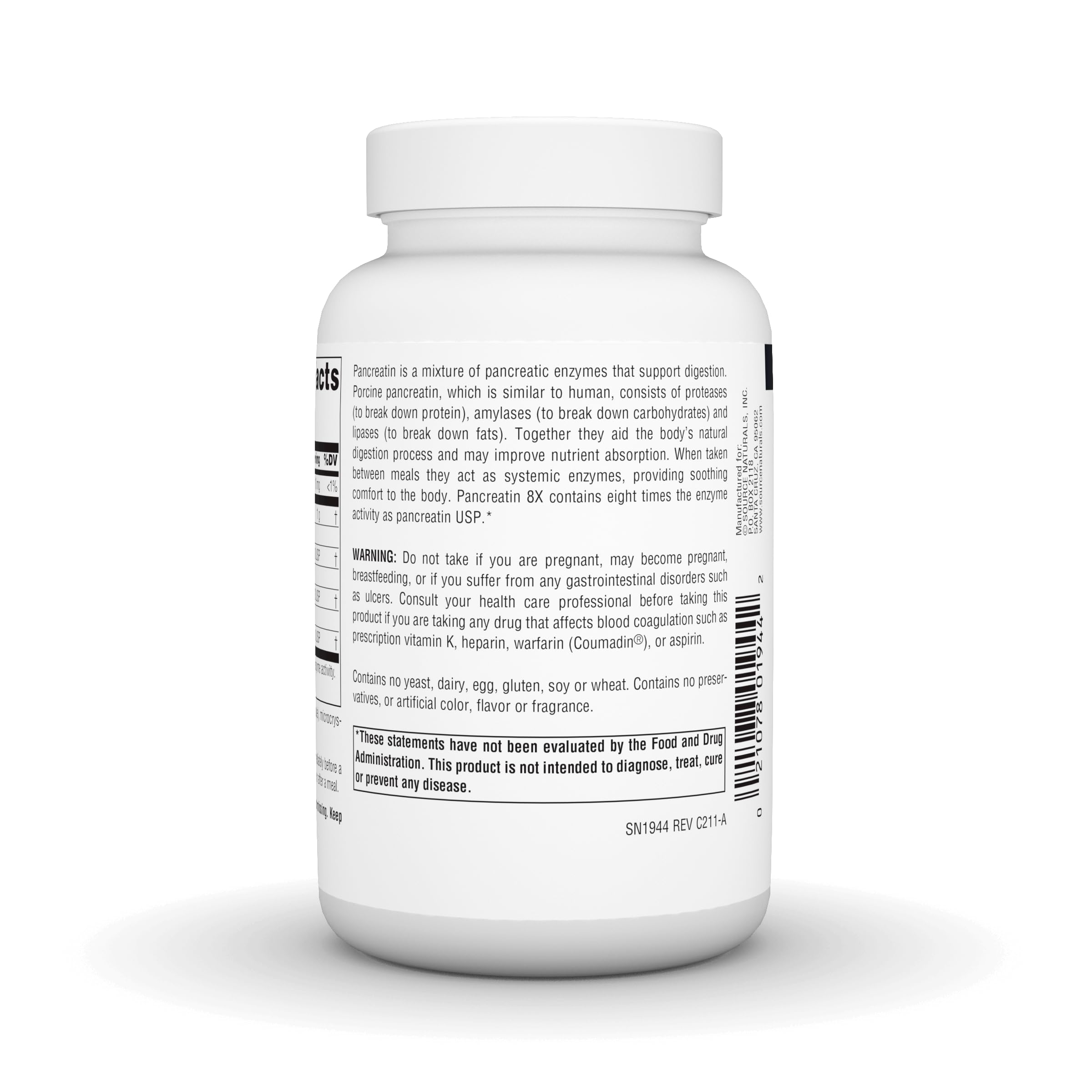 Source Naturals Pancreatin 8X sur la bouteille, dosage pratique avant les repas.