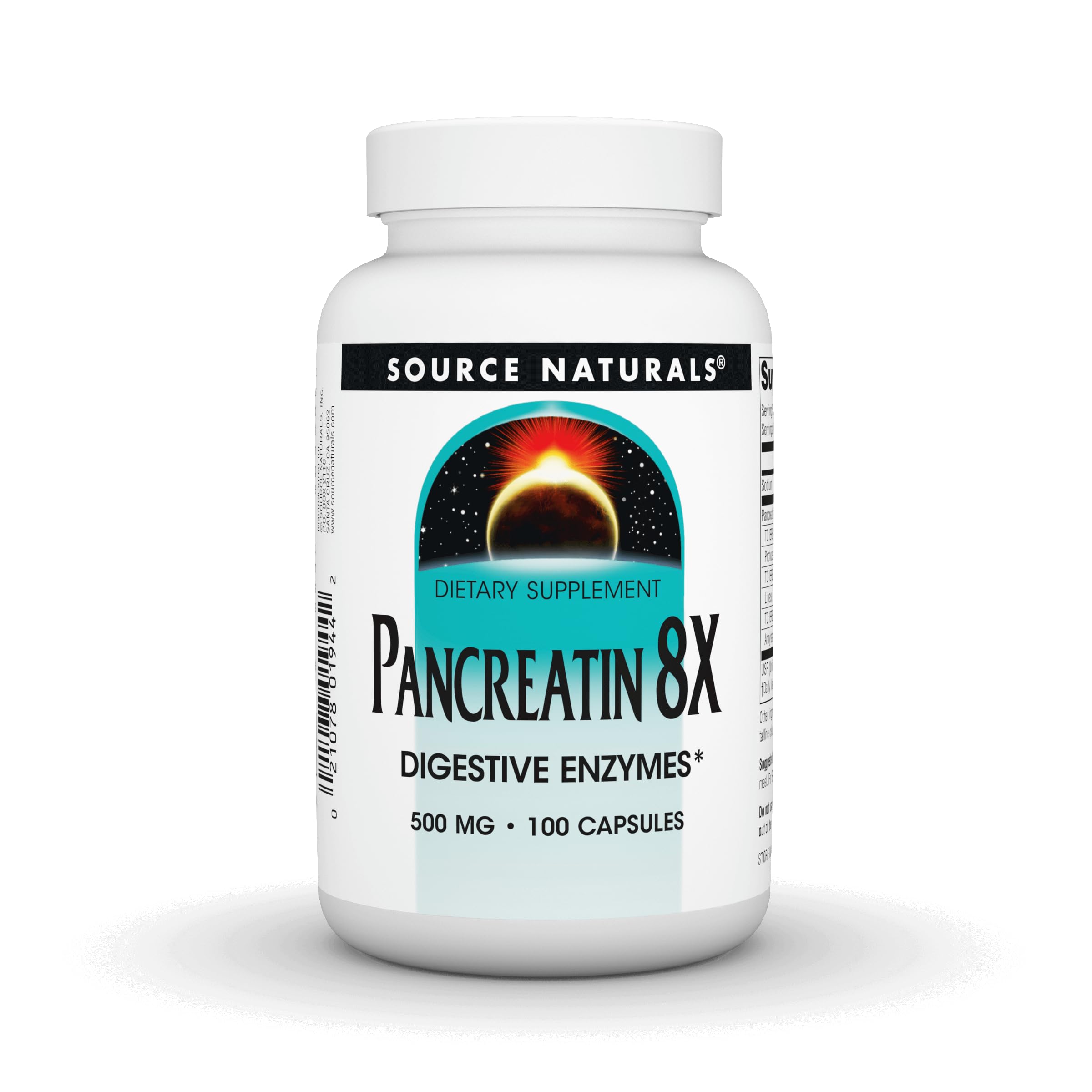 Source Naturals Pancreatin 8X capsules faciles à avaler pour l'aide digestive.