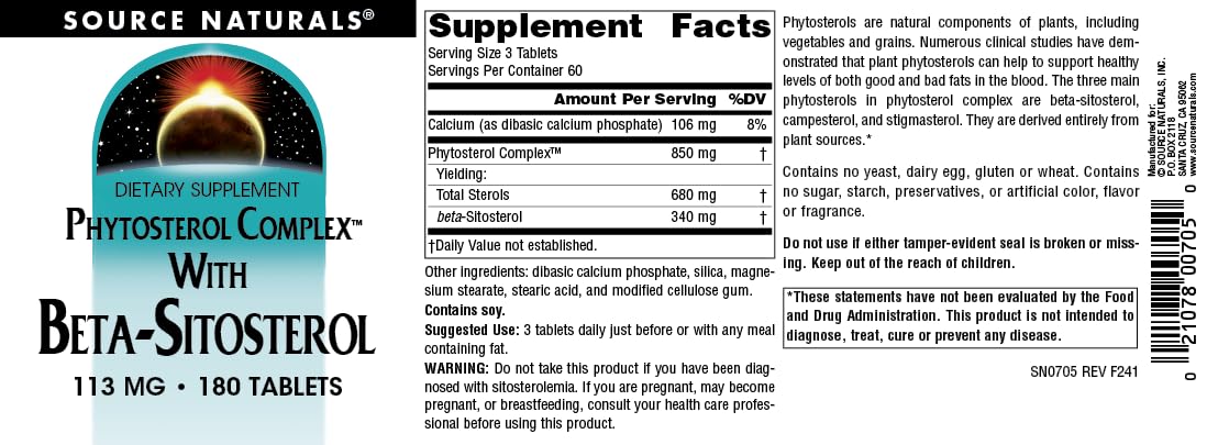 Boîte emballage Source Naturals Phytosterol Complex avec informations clés visibles.