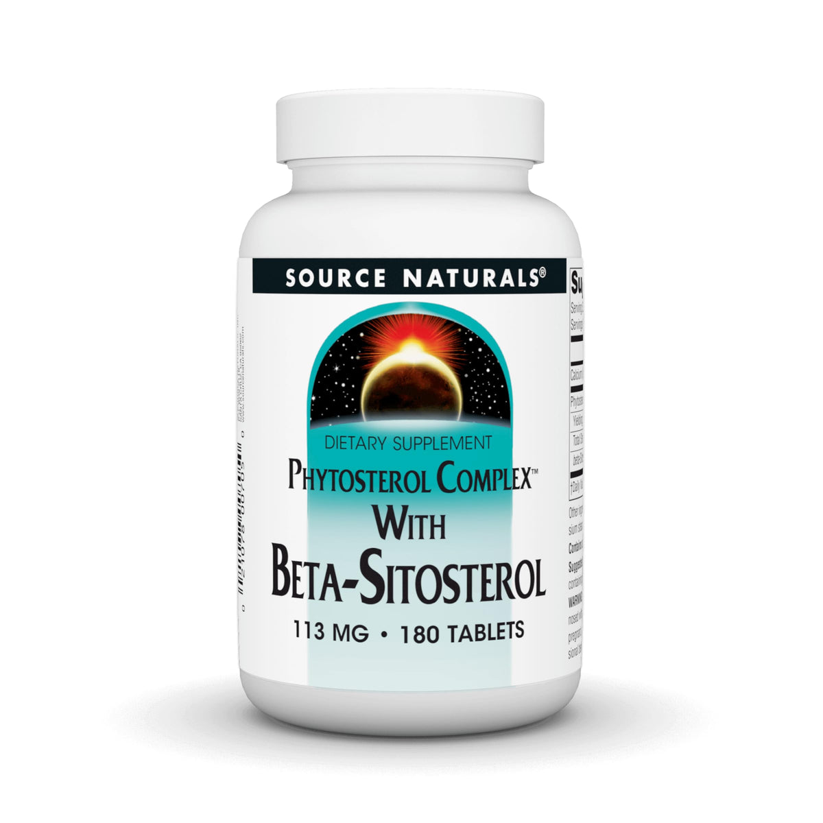 Source Naturals Phytosterol Complex sur la bouteille et l’étiquette, potentiel soutien au cholestérol sain.
