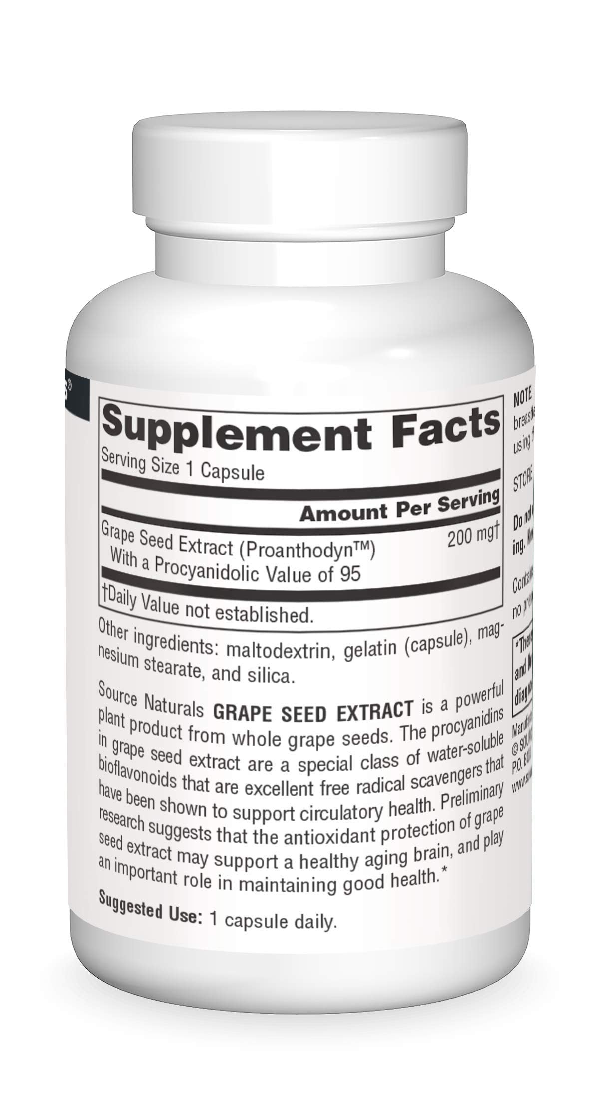 Source Naturals Proanthodyn étiquette lisible indiquant les ingrédients et caractéristiques