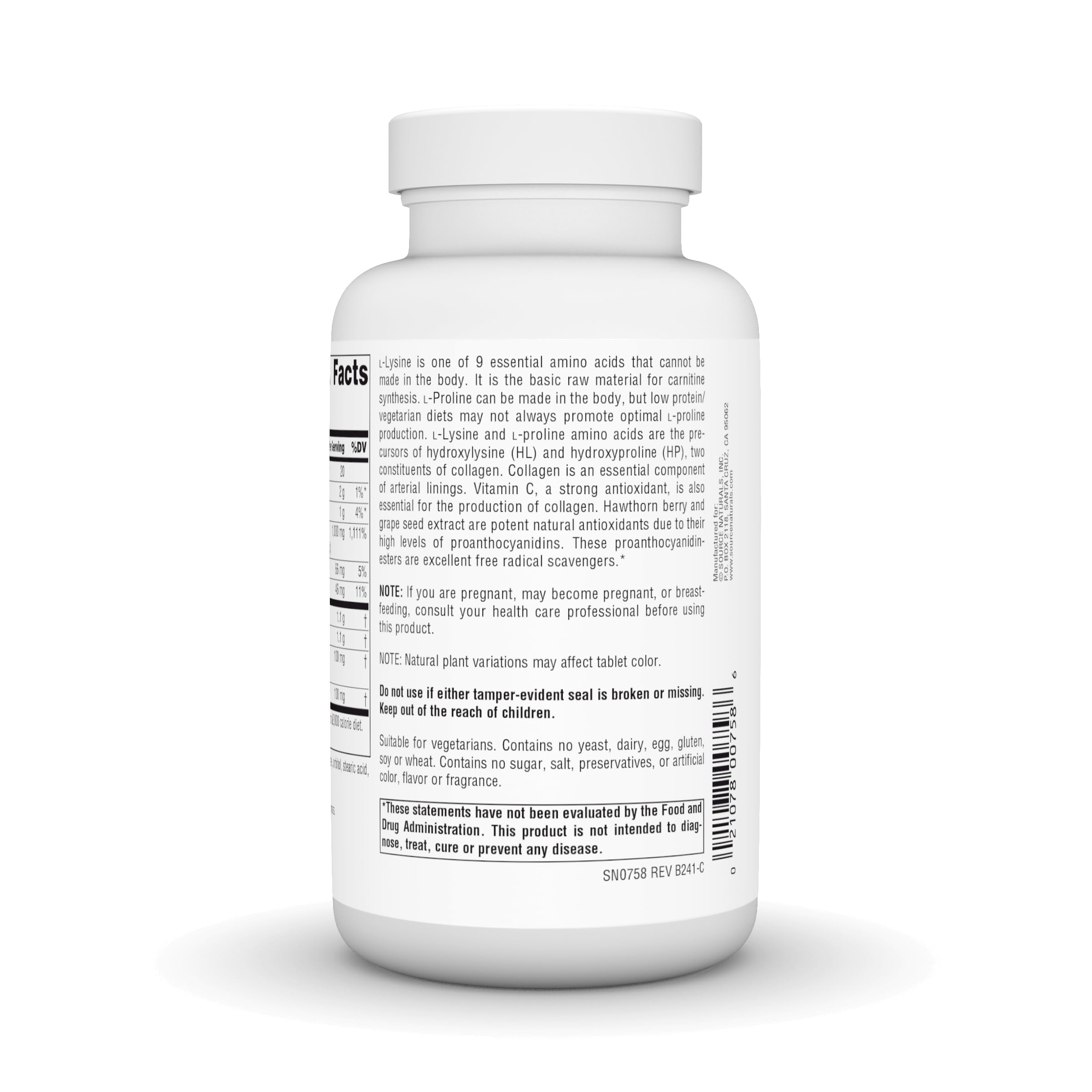 Source Naturals Proline et Lysine, comprimés végétariens adaptés à un régime varié.