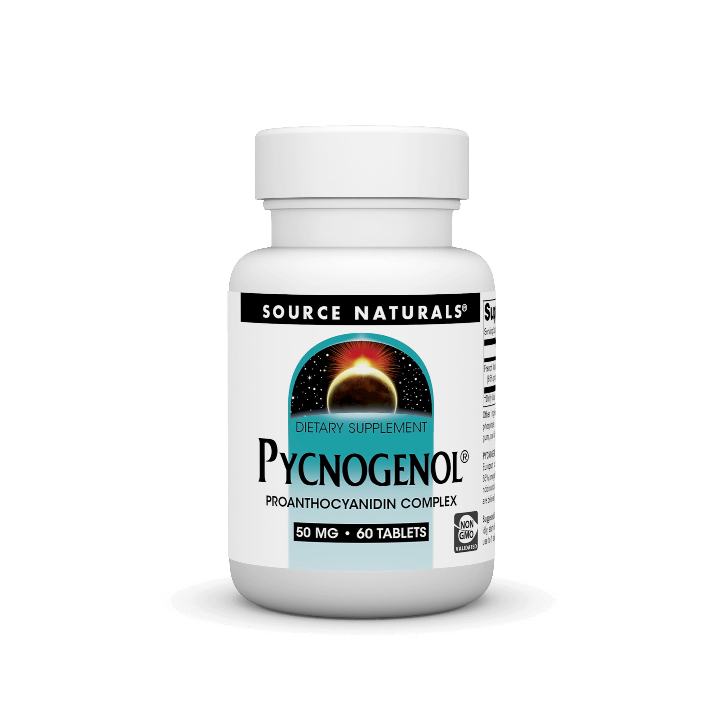 Source Naturals Pycnogenol 50 mg, bouteille montrant des tablettes, soutien antioxydant quotidien.