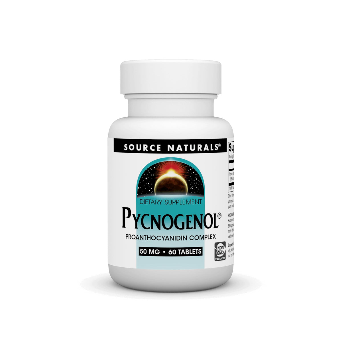 Source Naturals Pycnogenol 50 mg, bouteille montrant des tablettes, soutien antioxydant quotidien.
