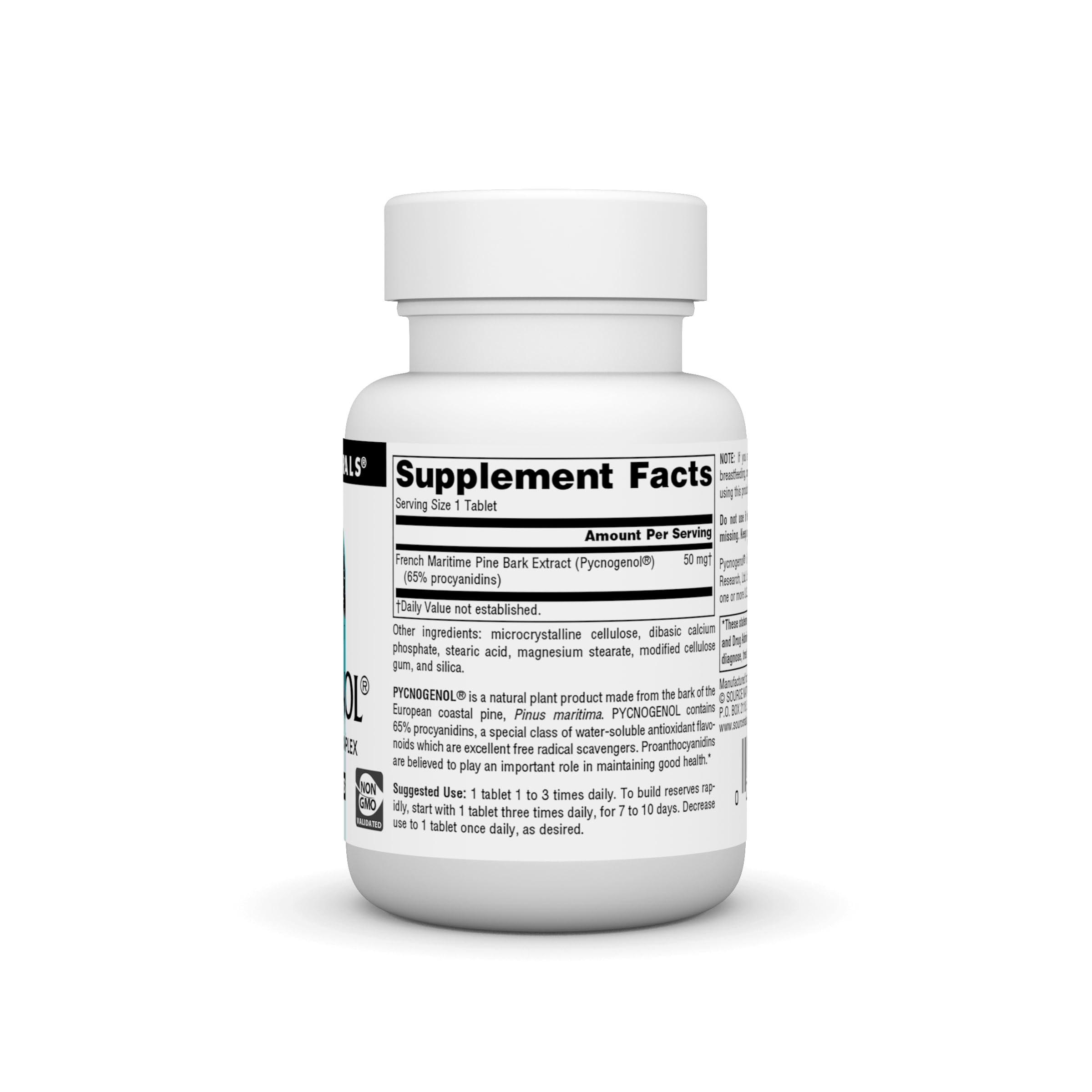 Étiquette Source Naturals Pycnogenol 50 mg, informations claires sur la composition.