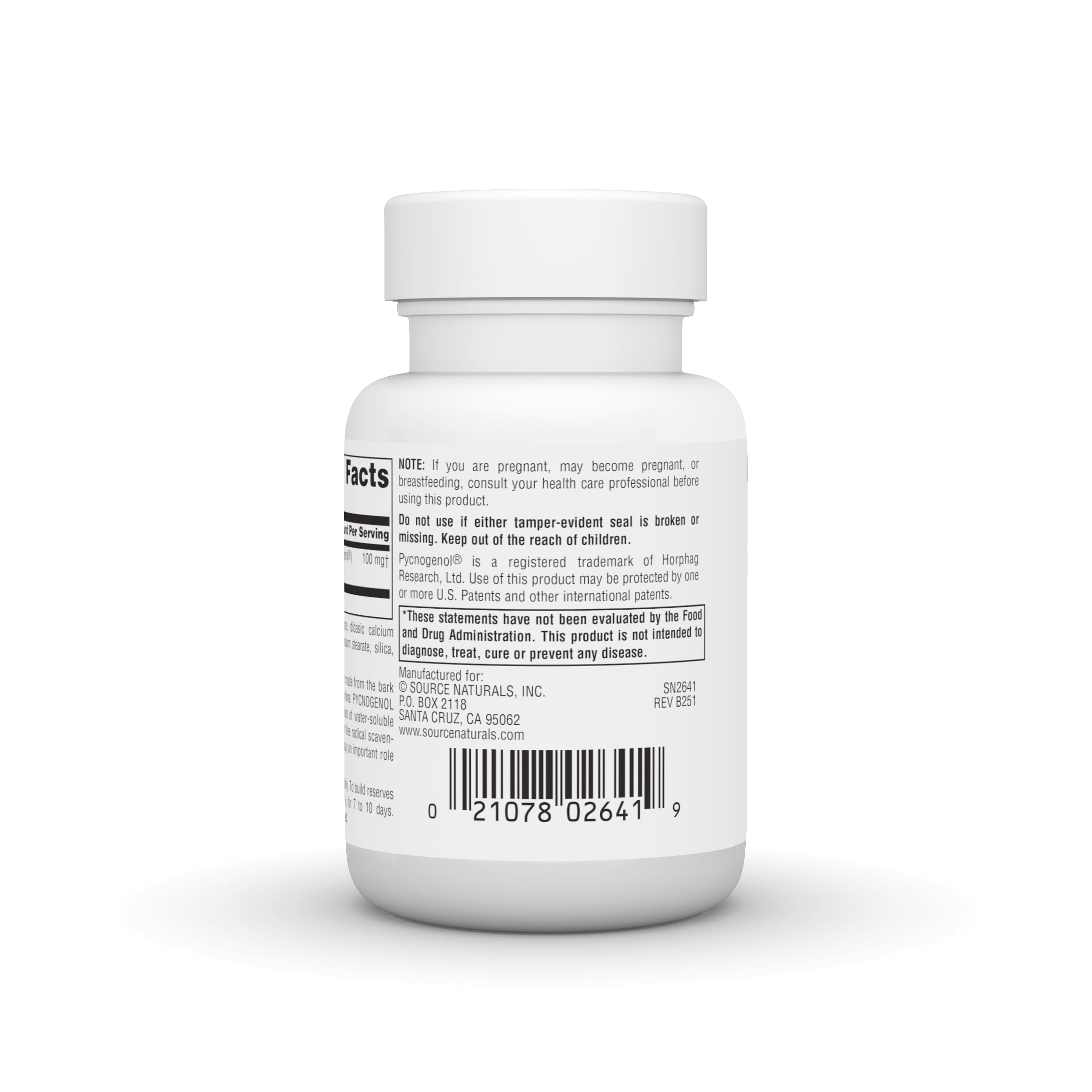 Étiquette Pycnogenol Source Naturals, informations claires sur le produit.