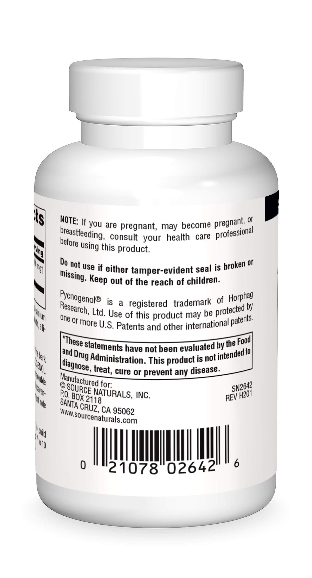 Étiquette Source Naturals Pycnogenol sur la bouteille, lisible et informative.
