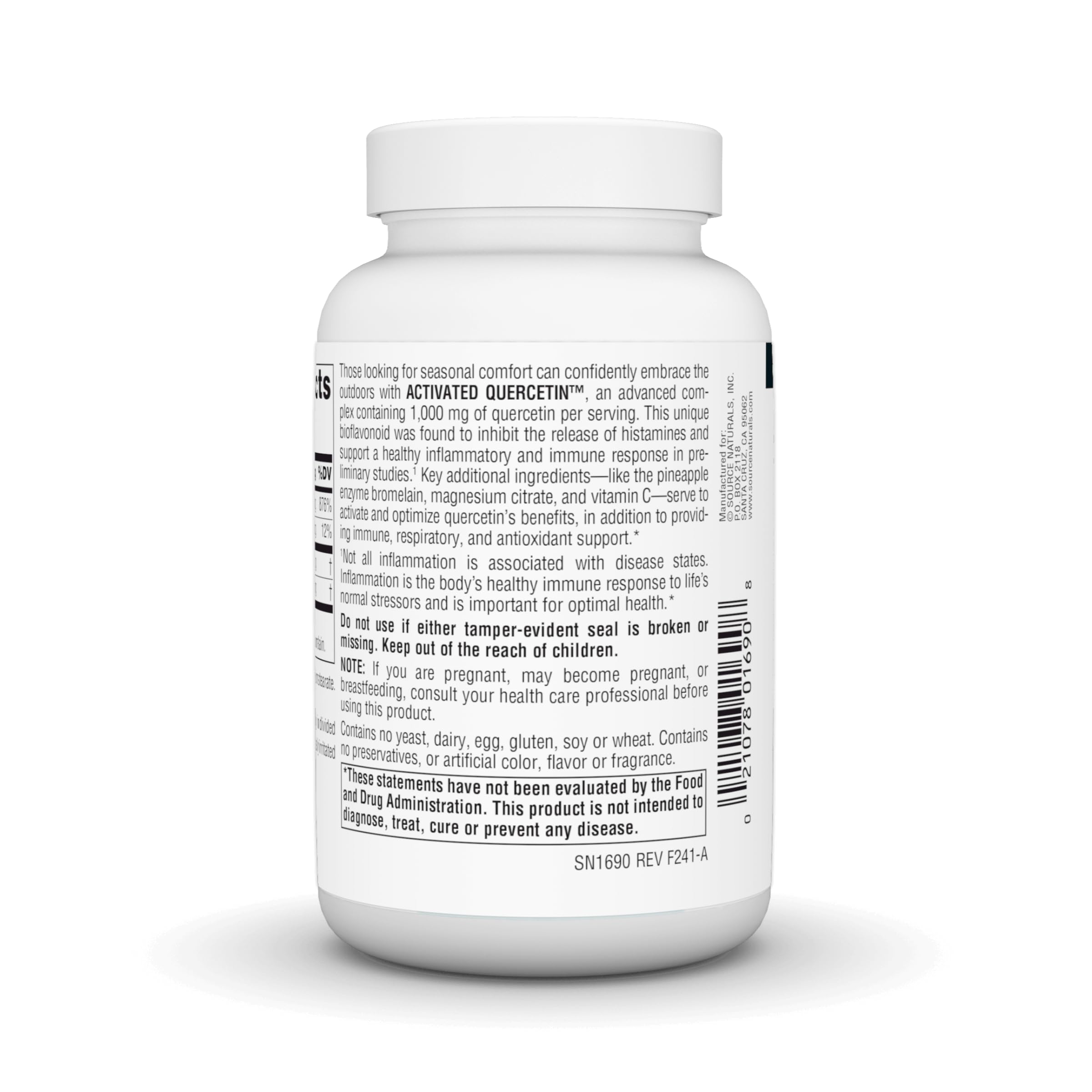 Source Naturals Quercetine: étiquette montrant vitamine C et magnésium.