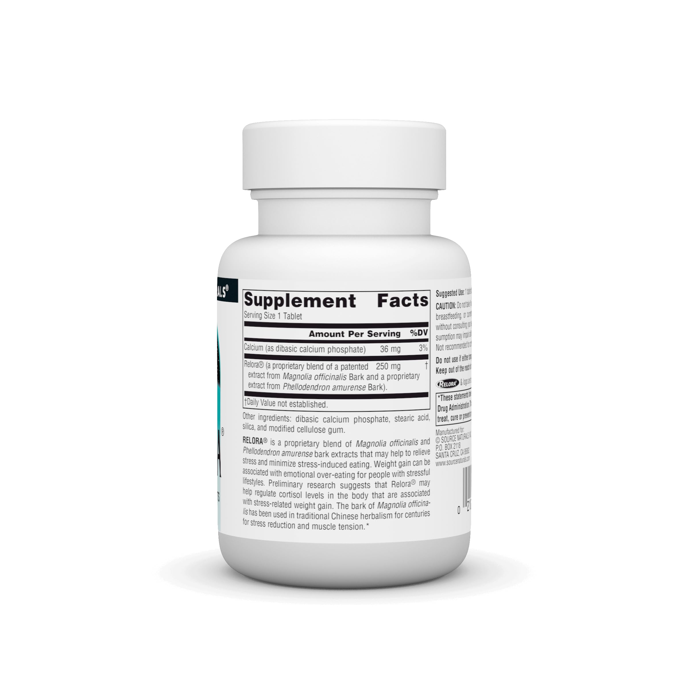 Source Naturals Relora, étiquette et ingrédients, utile en période de stress pour limiter les excès.
