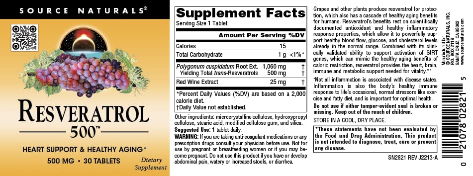 Source Naturals Resveratrol 550, comprimés ronds, utilisation quotidienne pratique.