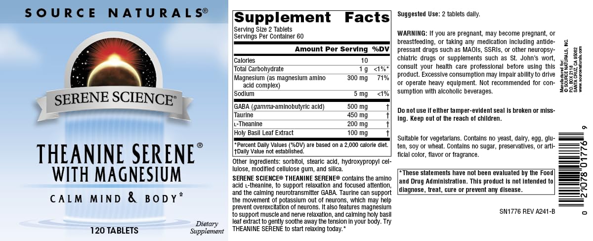Tablettes Source Naturals Serene Science, dosage recommandé de deux par jour.