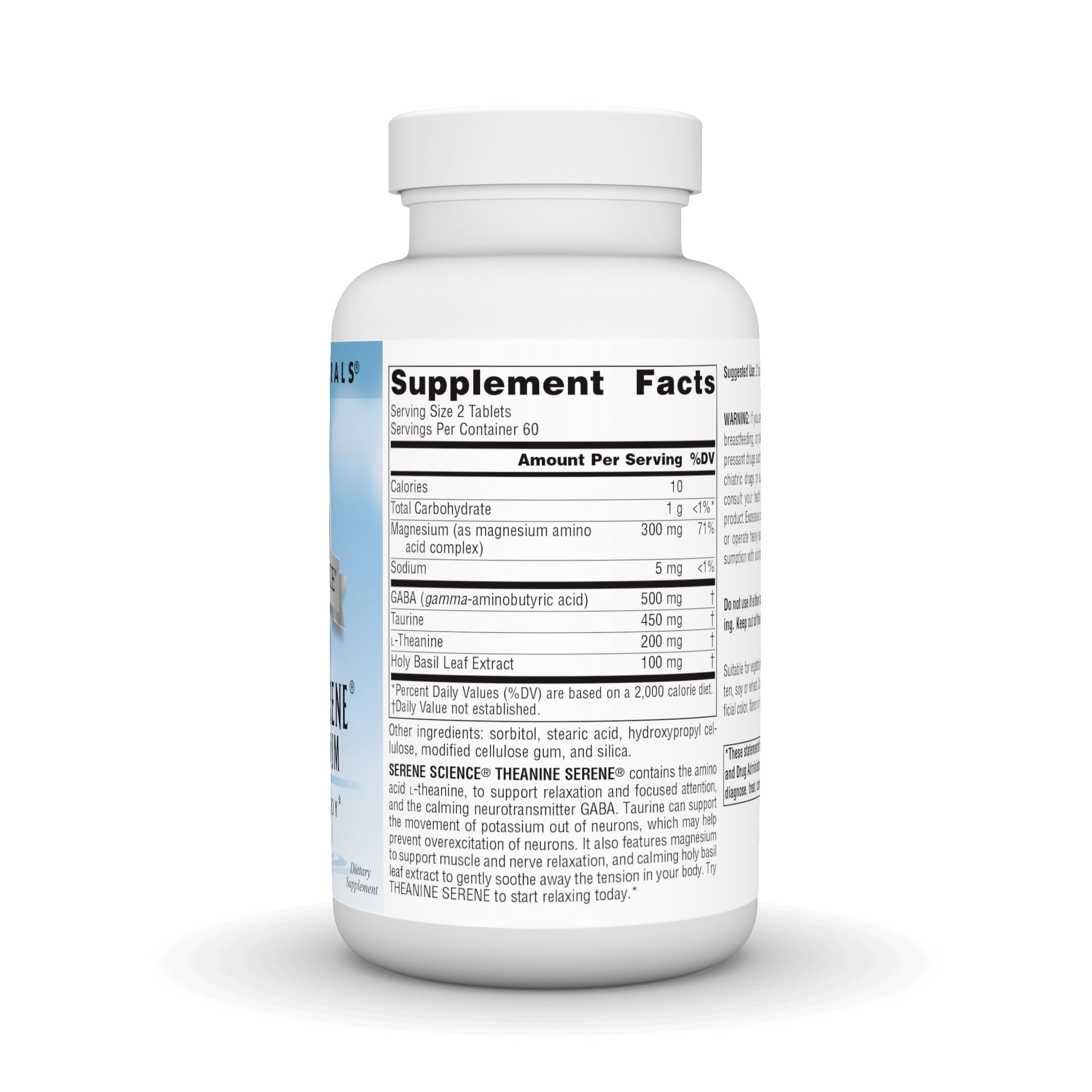 Étiquette Source Naturals Serene Science avec ingrédients apaisants clairement indiqués.