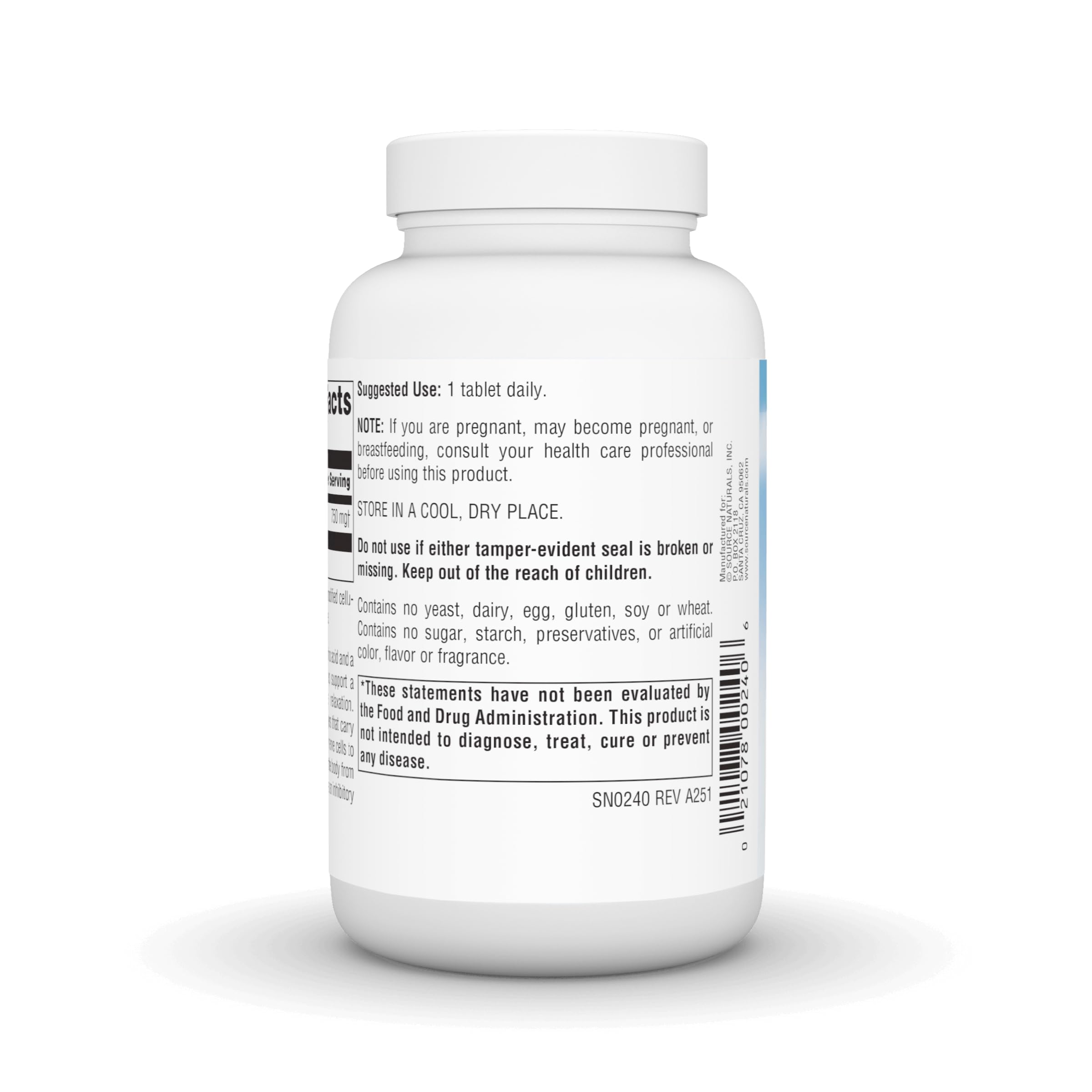 Etiquette Source Naturals Serene Science GABA - informations claires sur le dosage quotidien.