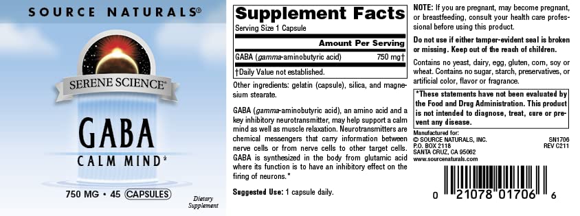Source Naturals Serene Science GABA — prise d'une capsule au quotidien.