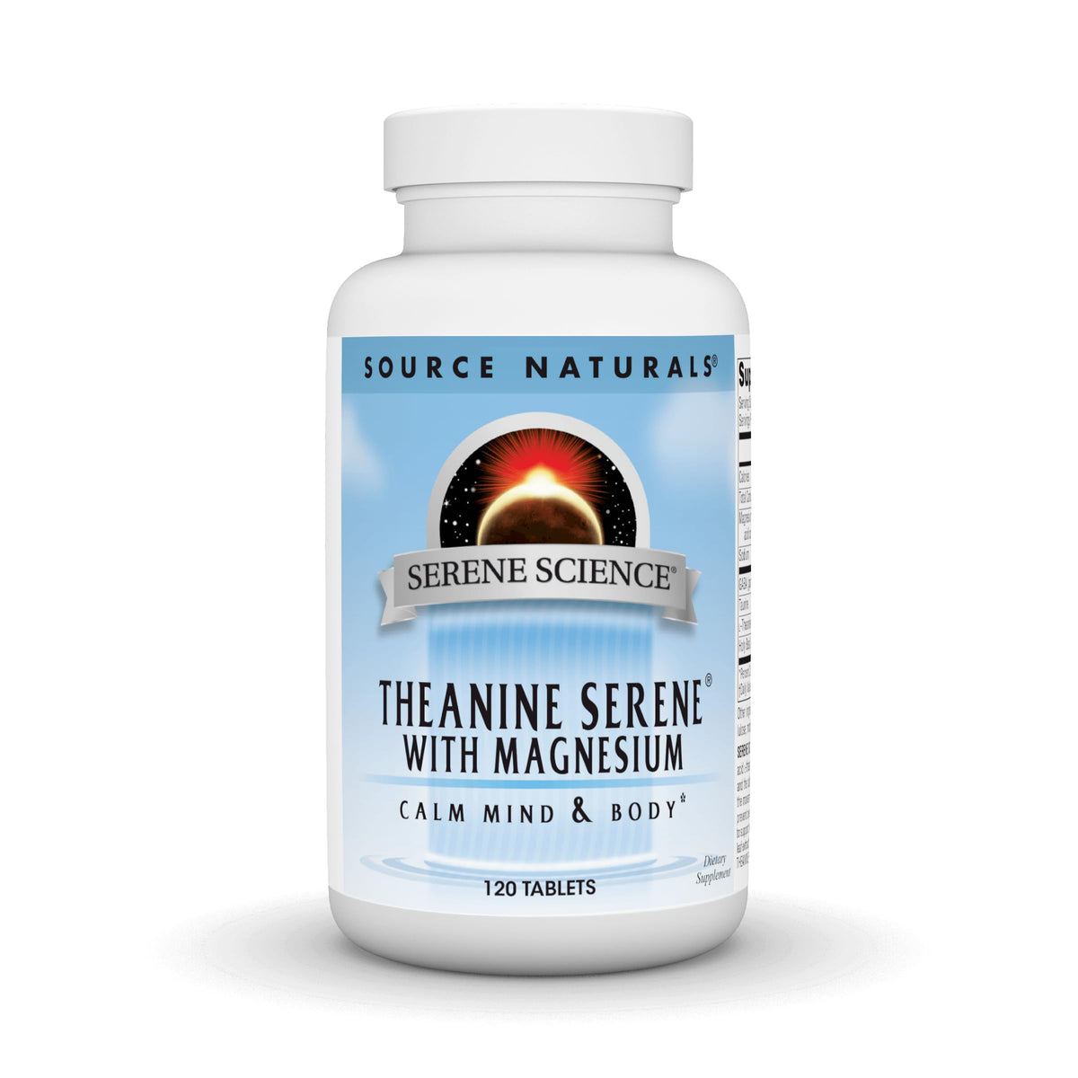 Source Naturals Serene Science L-théanine, bouteille montrée, soutien relaxation et concentration.