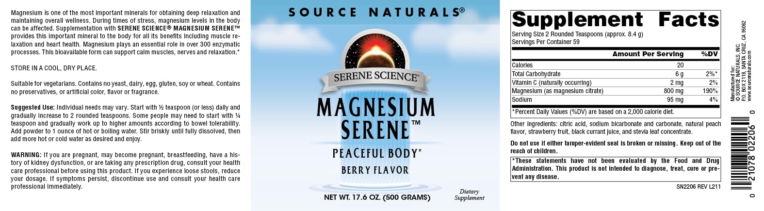 Source Naturals Magnésium Serene emballage pratique, idéal pour dosage personnalisé.