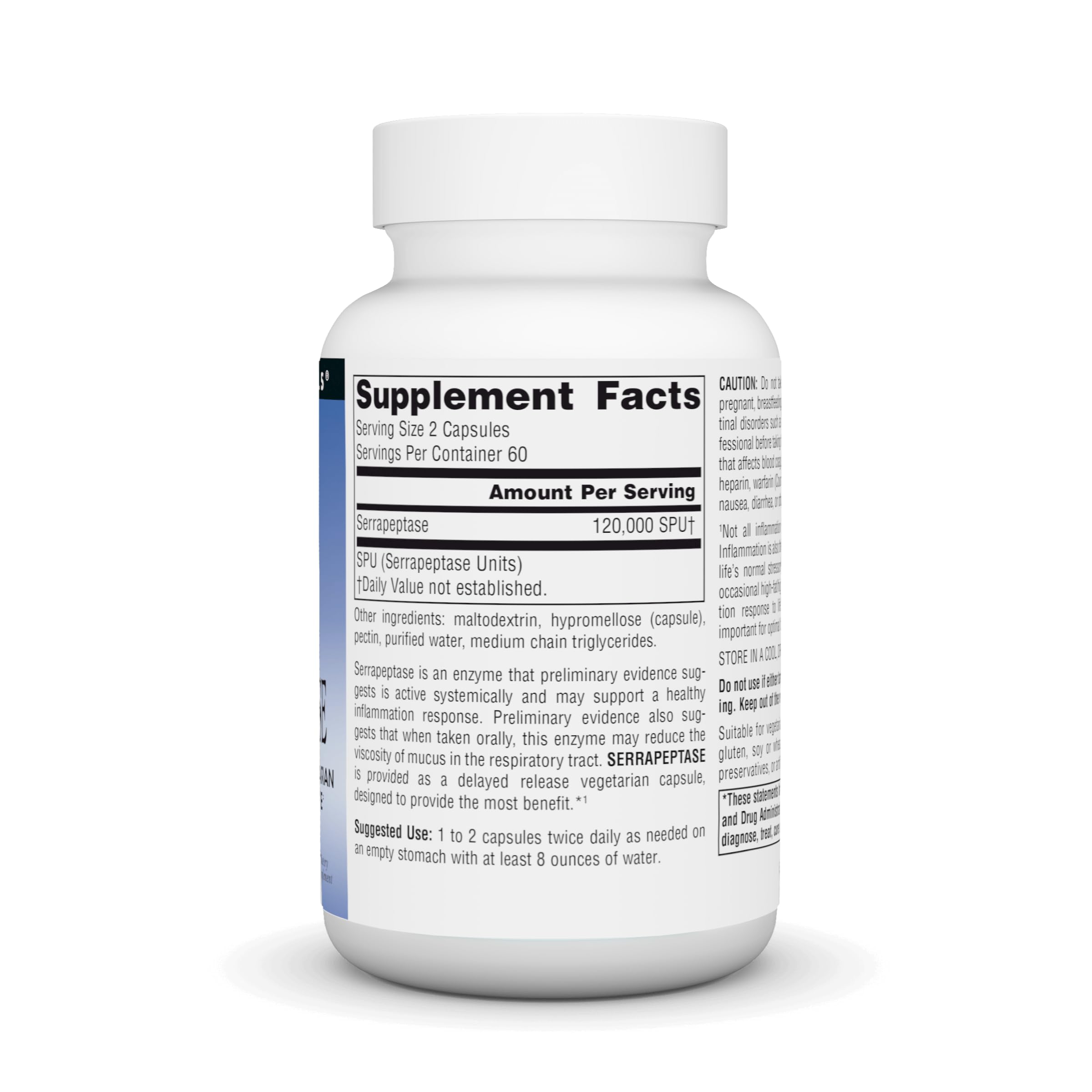 Étiquette Source Naturals Serrapeptase sur la bouteille, informations claires et formulation végétarienne.