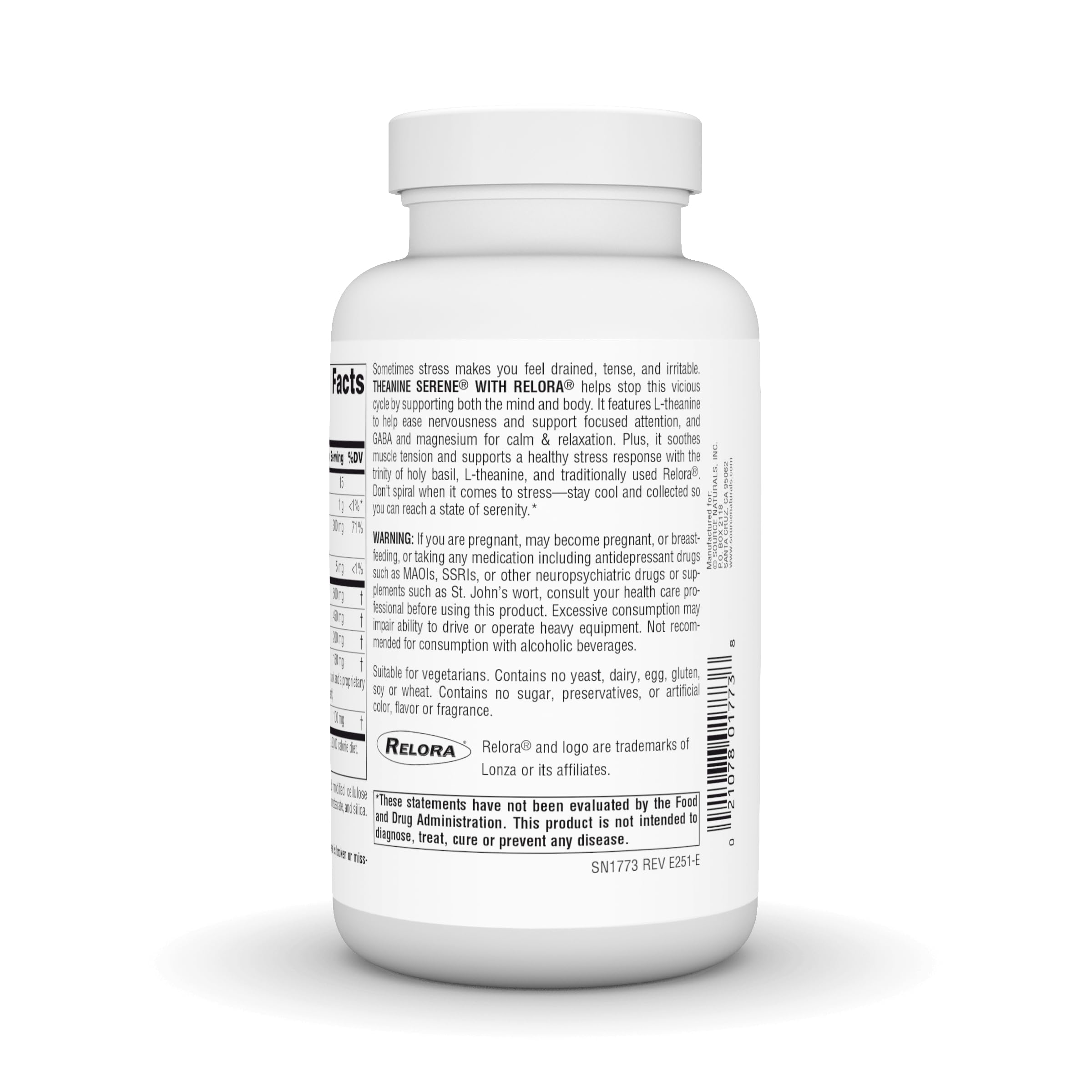 Source Naturals Theanine Serene, emballage et informations visibles sur la boîte.