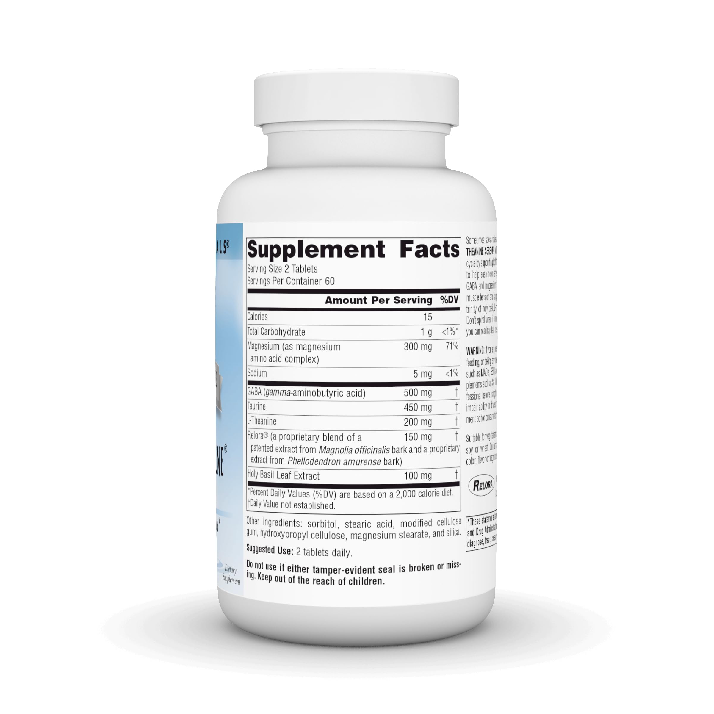Source Naturals Theanine Serene, premier plan sur la tablette évoquant détente et concentration.