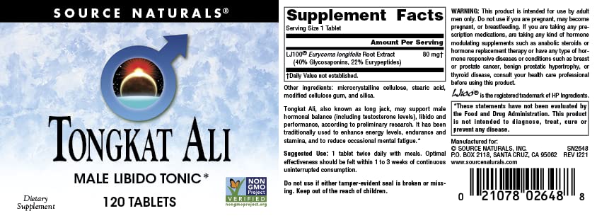 Source Naturals Tongkat Ali – emballage et étiquette, traçabilité USA