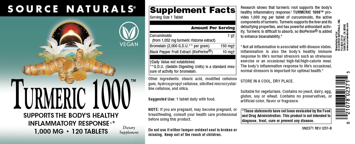 Source Naturals Turmeric 1000, utilisation quotidienne: comprimé facile à avaler avec repas