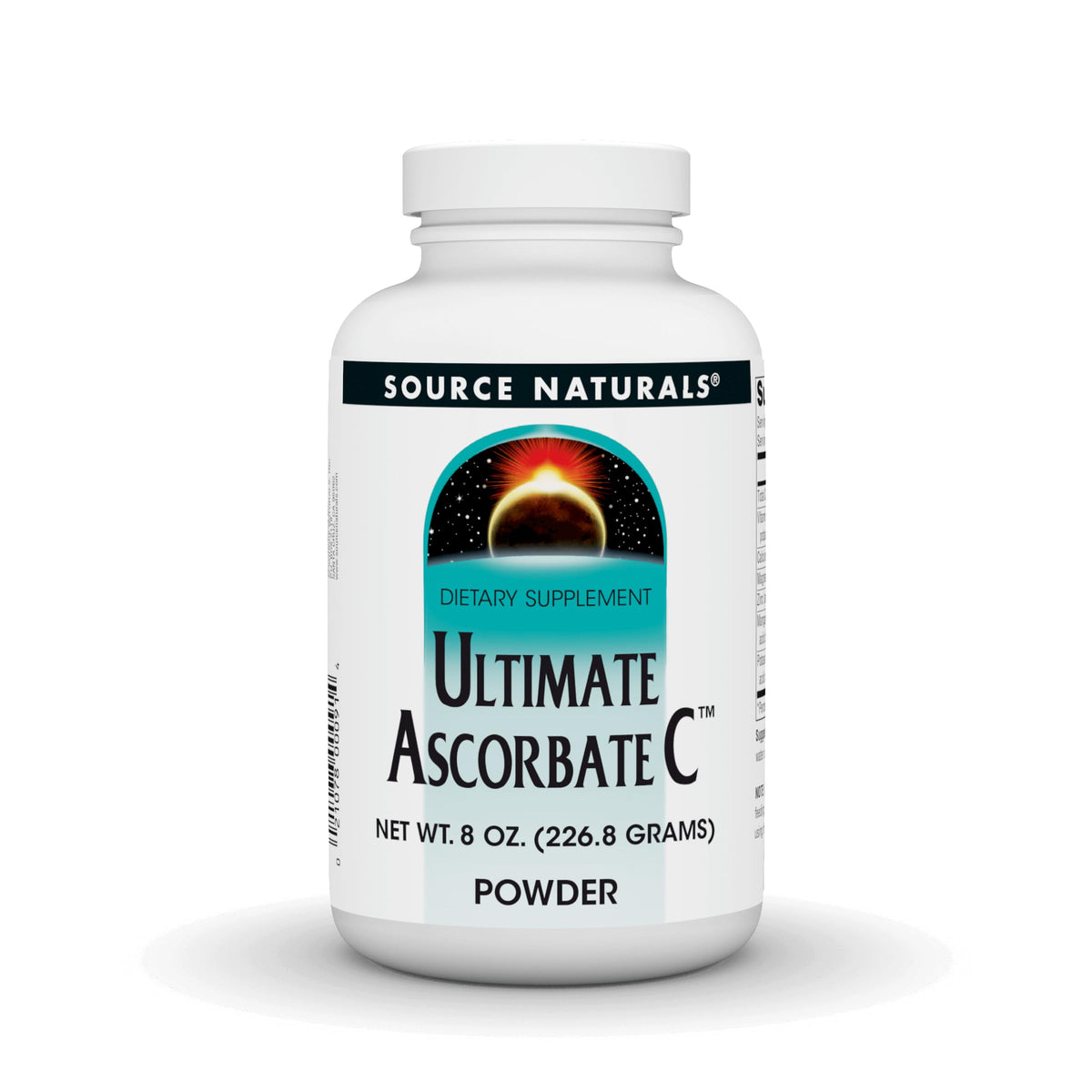 Source Naturals Ultimate Ascorbate C – poudre se mélange facilement dans l'eau pour une boisson vitaminée.