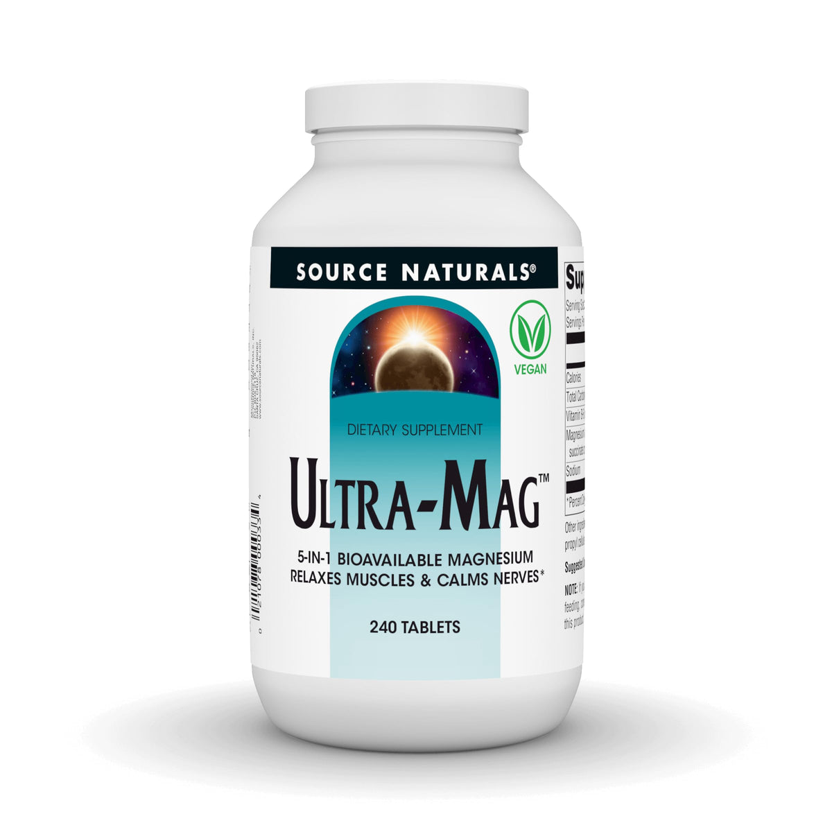 Source Naturals Ultra-Mag 5 en 1 – bouteille montrant le produit et les bénéfices potentiels.