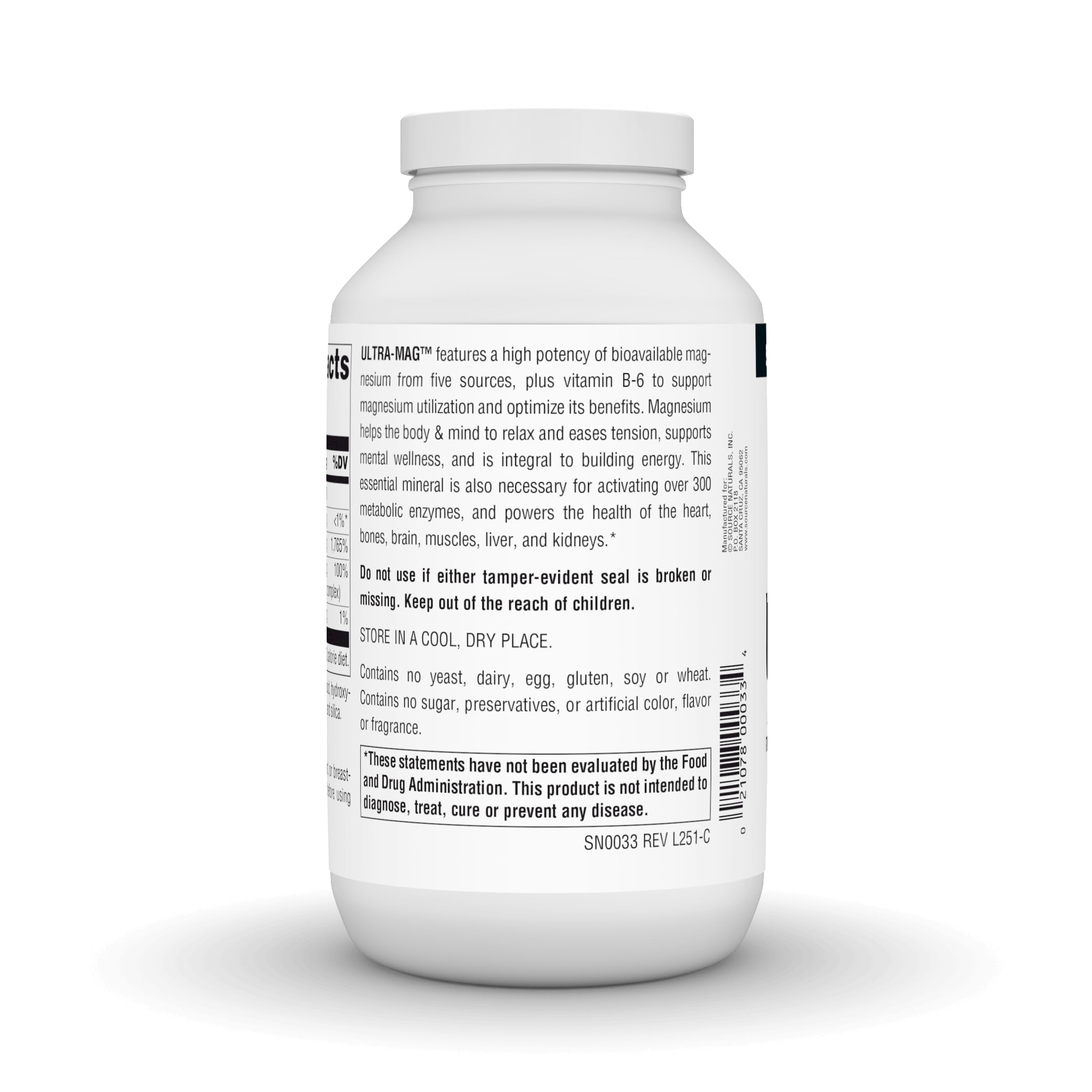 Bouteille ouverte Source Naturals Ultra-Mag sur plan de travail, utilisation pratique.