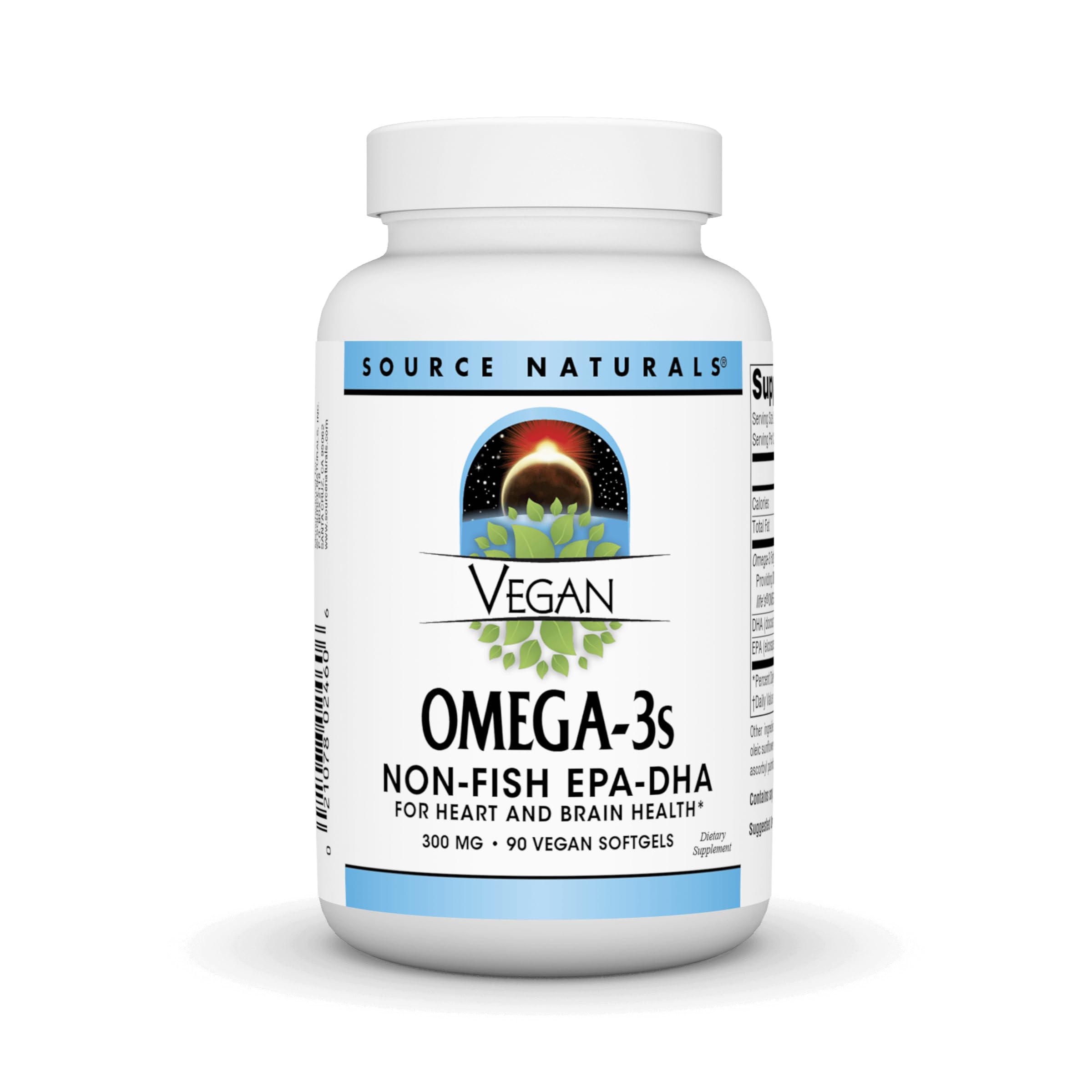 Source Naturals Vegan Omega3s, bouteille, gélules EPA/DHA pour soutien quotidien.