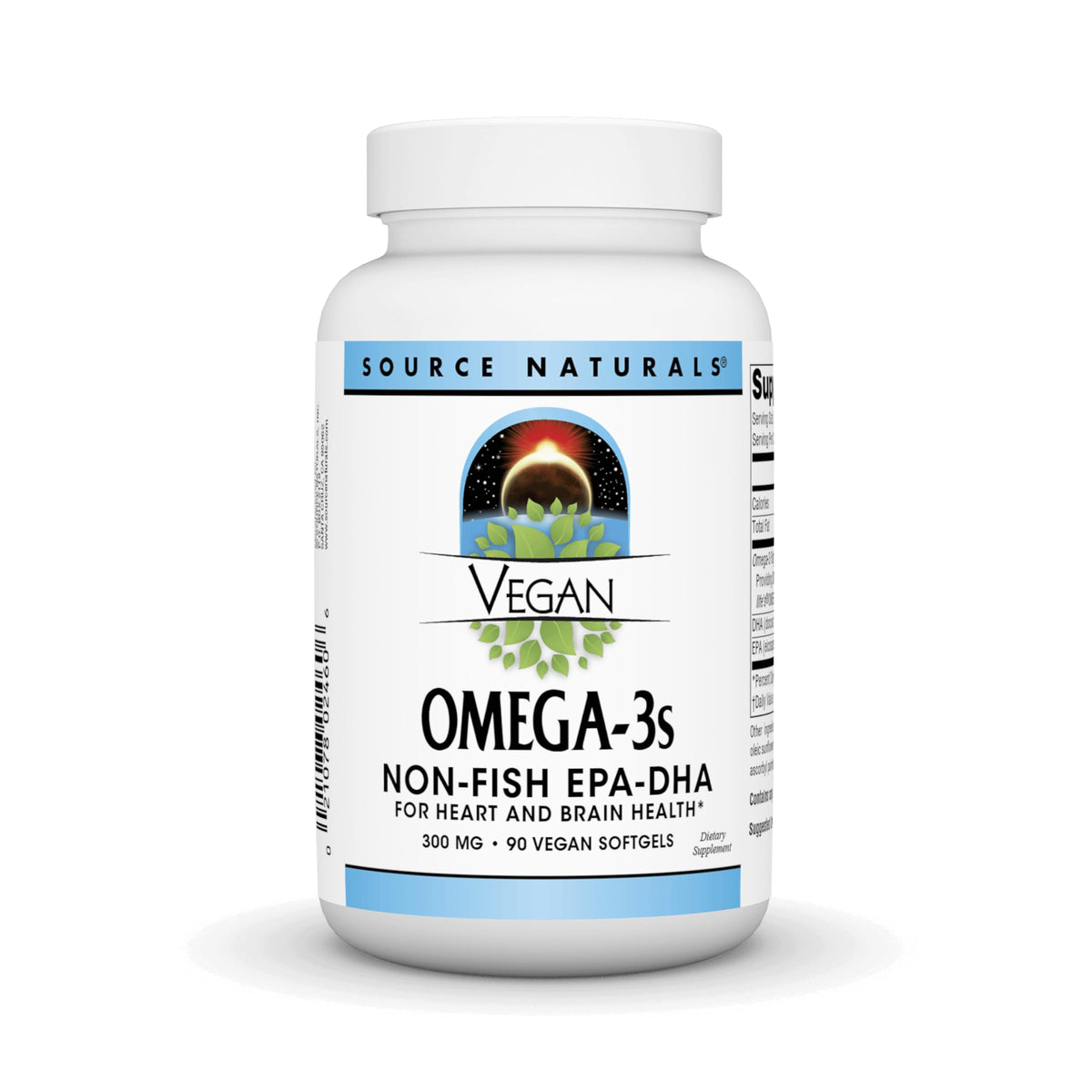 Source Naturals Vegan Omega3s, bouteille, gélules EPA/DHA pour soutien quotidien.