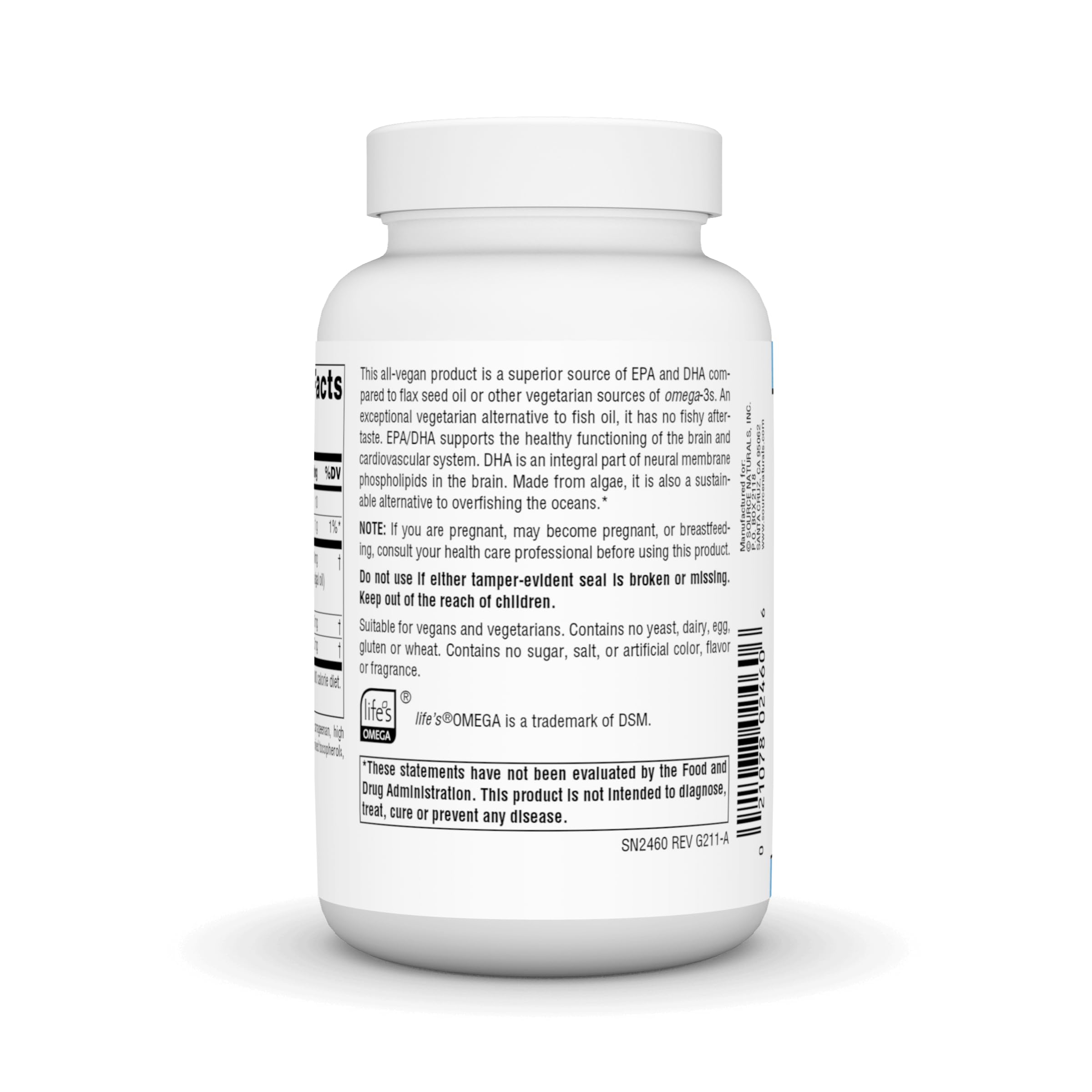 Source Naturals Vegan Omega3s, gélules faciles à avaler pour usage quotidien.