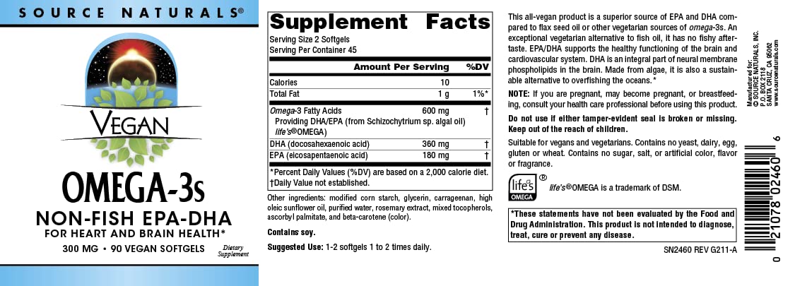 Source Naturals Vegan Omega3s, ingrédients visibles et fabrication conforme.
