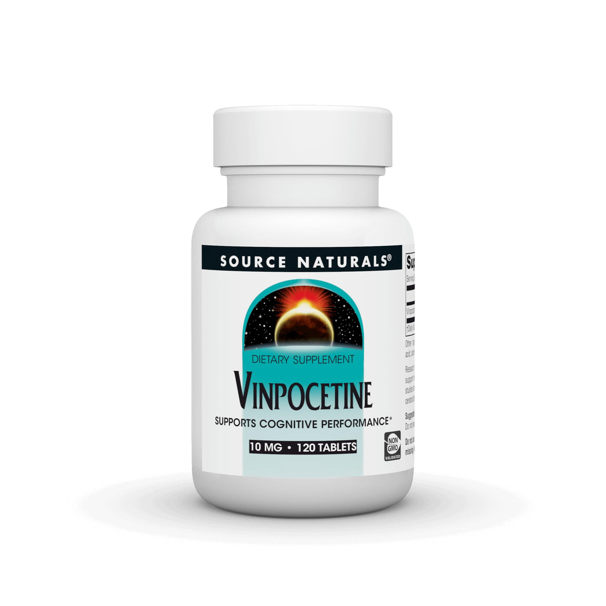 Source Naturals Vinpocetine Tablettes, bouteille 10 mg et étiquette, soutien potentiel des performances cognitives.
