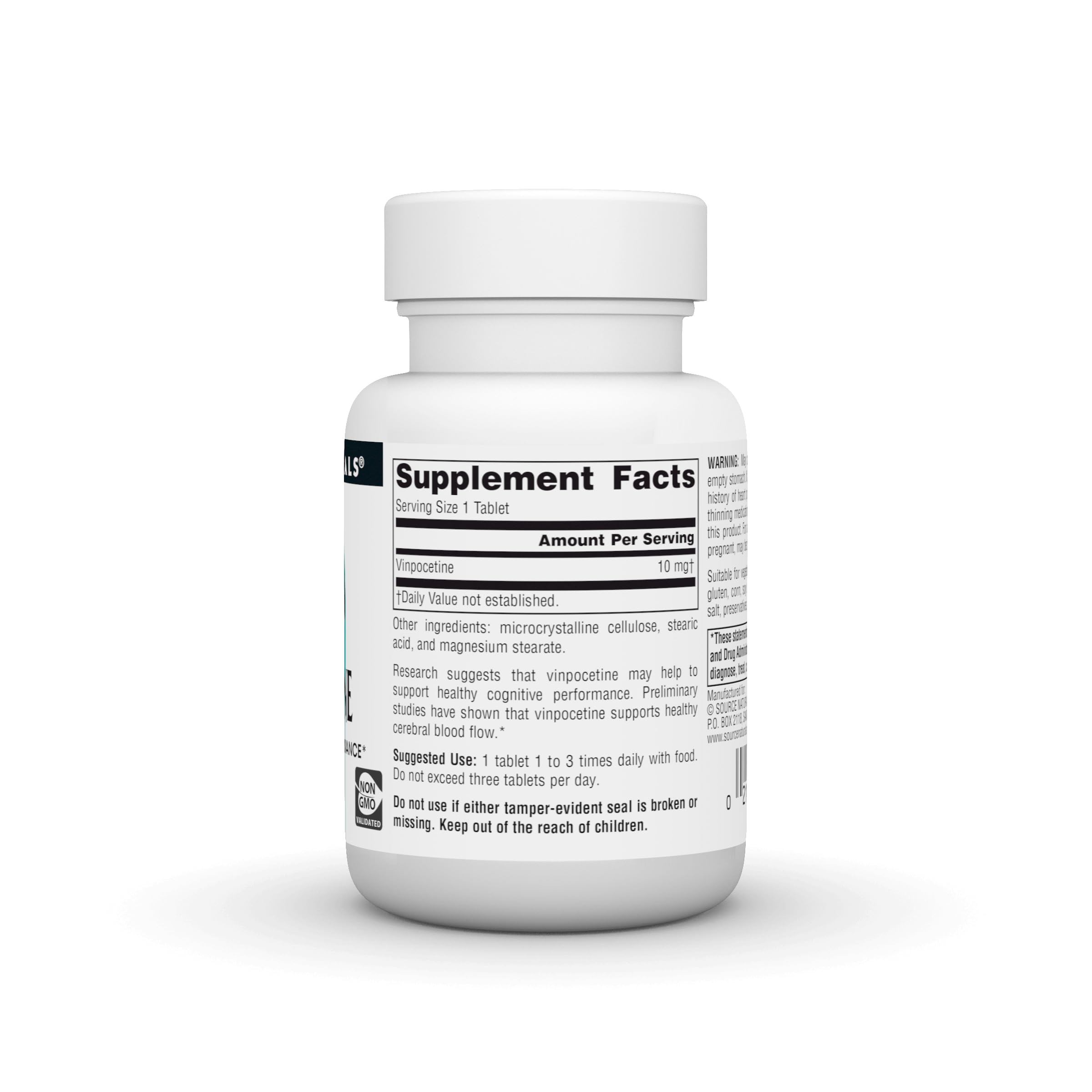 Source Naturals Vinpocetine Tablettes, étiquette claire et informations sur les ingrédients.