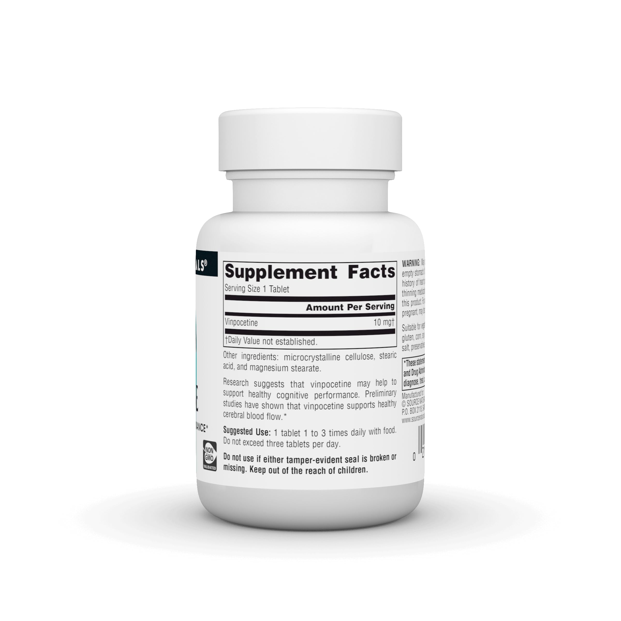 Source Naturals Vinpocetine Tablettes, tablette en gros plan montrant la forme et l'impression produit.