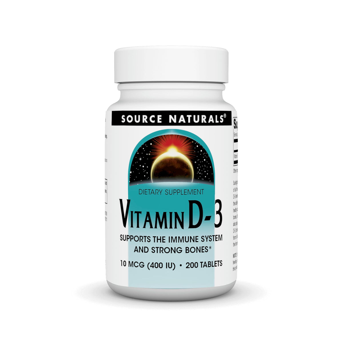 Source Naturals Vitamine D-3 400 UI, bouteille, soutien potentiel des os et du système immunitaire.