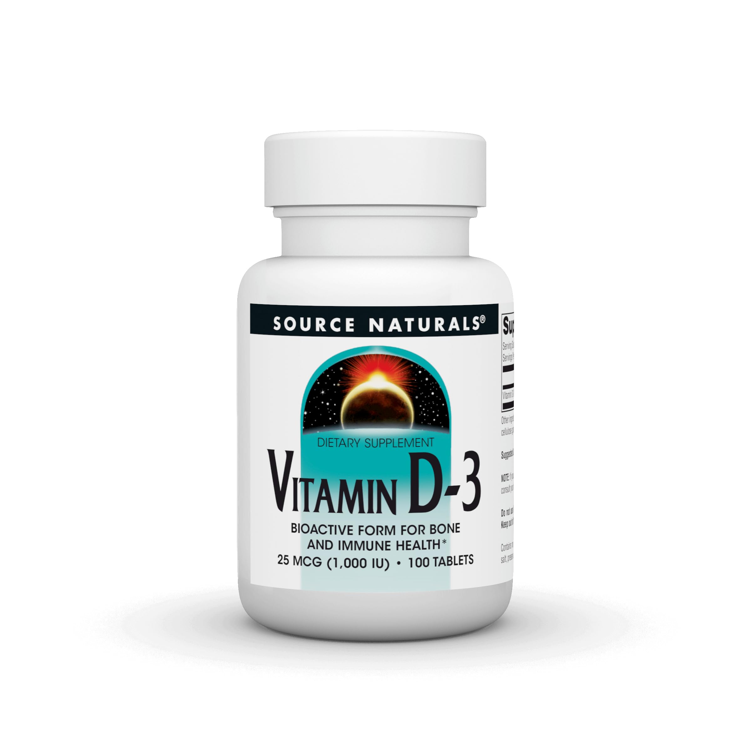 Source Naturals Vitamine D-3 1000 UI: bouteille montrant les comprimés et le soutien potentiel des os